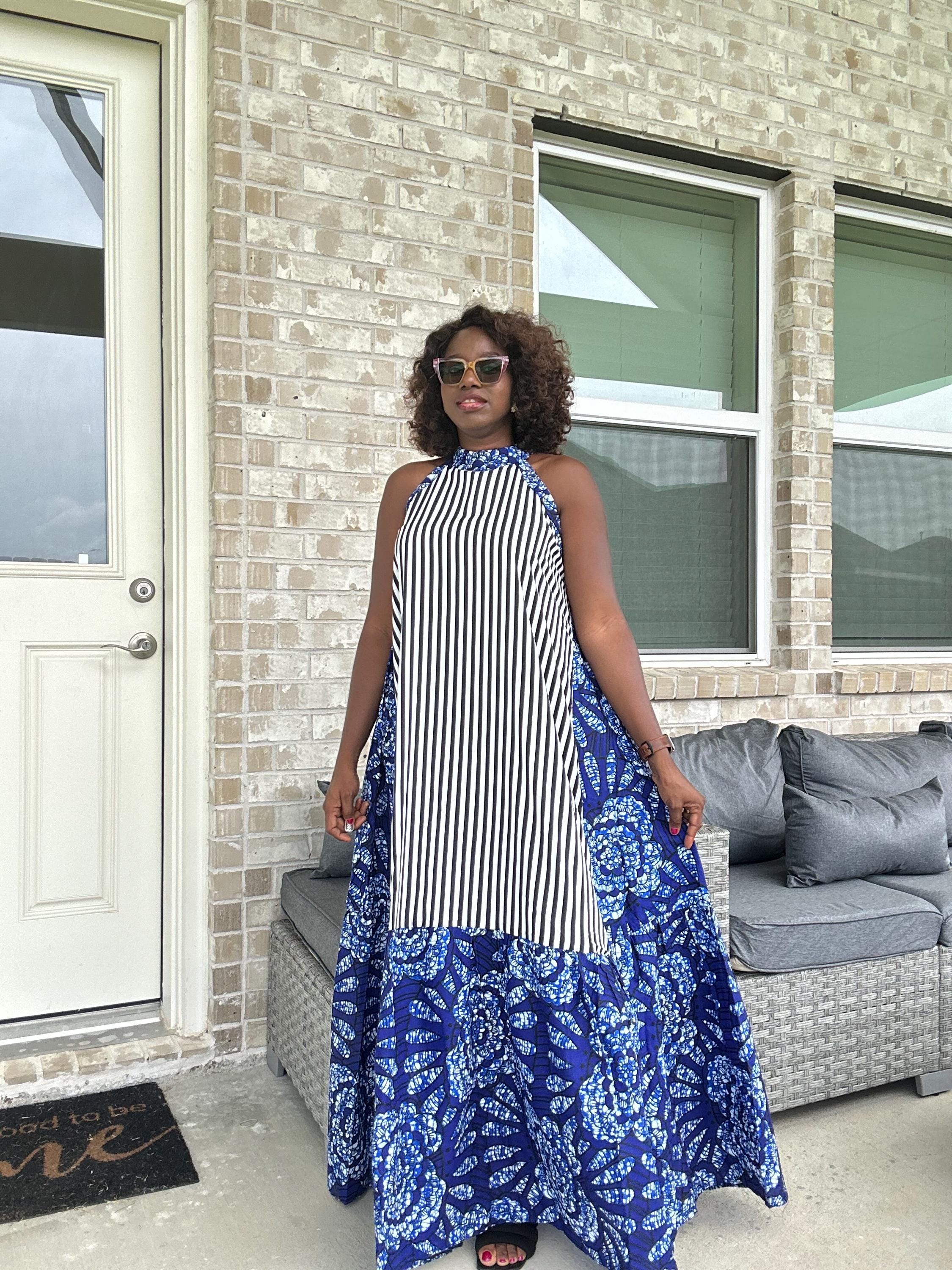 Ankara Maxi Dress, Striped Cotton, Afrocentric Wedding Attire