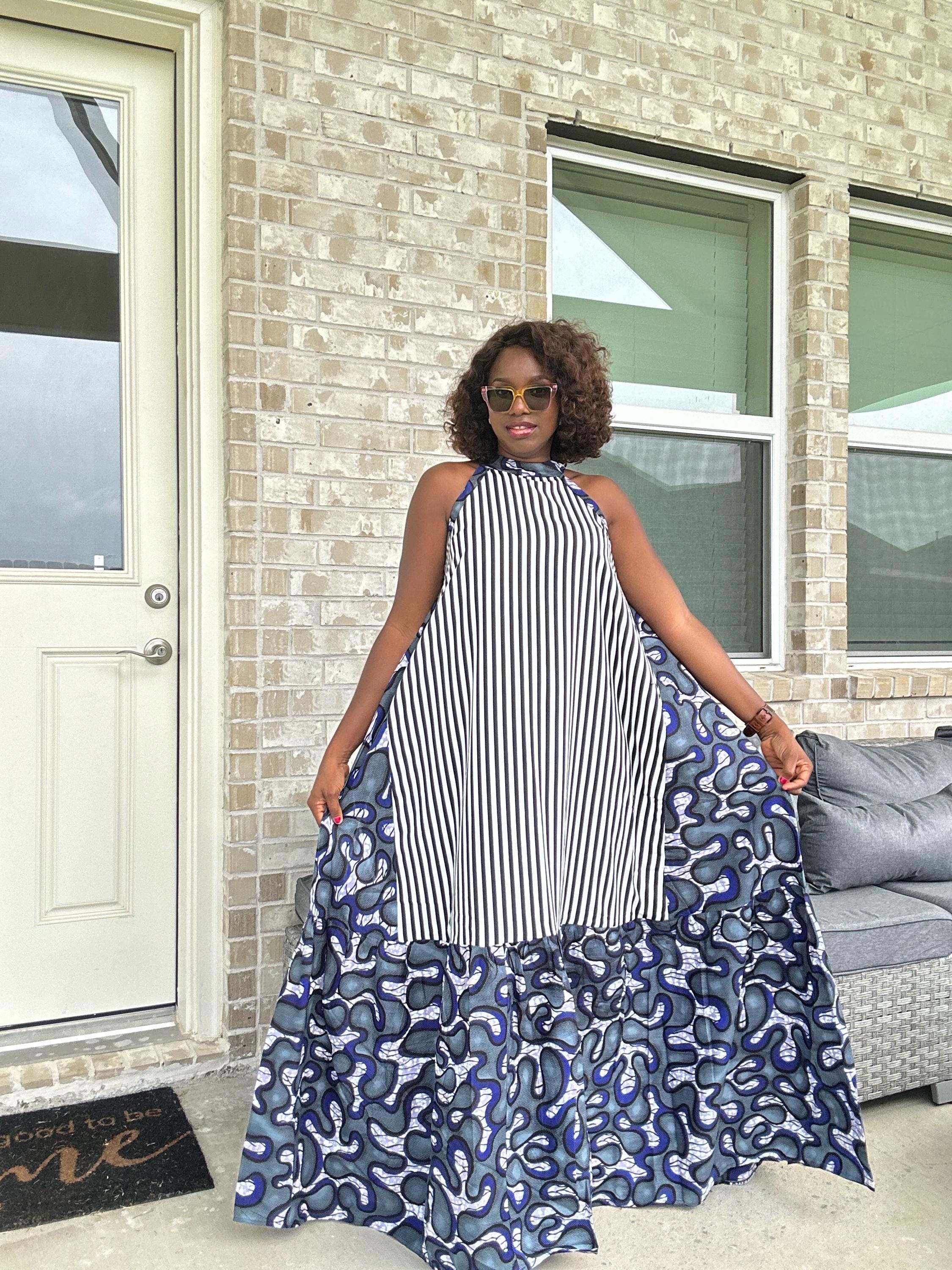 Ankara Maxi Dress, Striped Cotton, Afrocentric Clothing