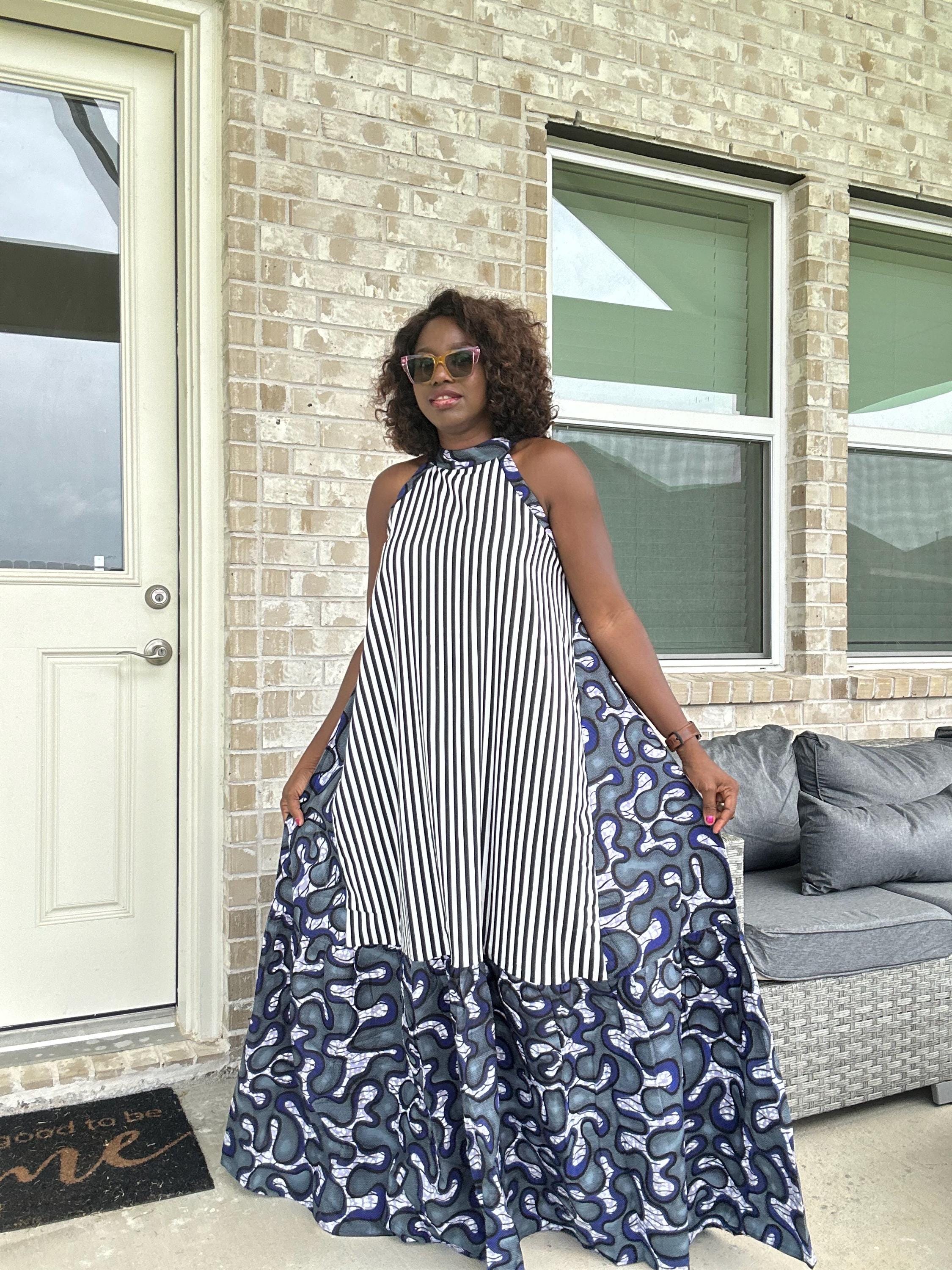 Ankara Maxi Dress, Striped Cotton, Afrocentric Clothing