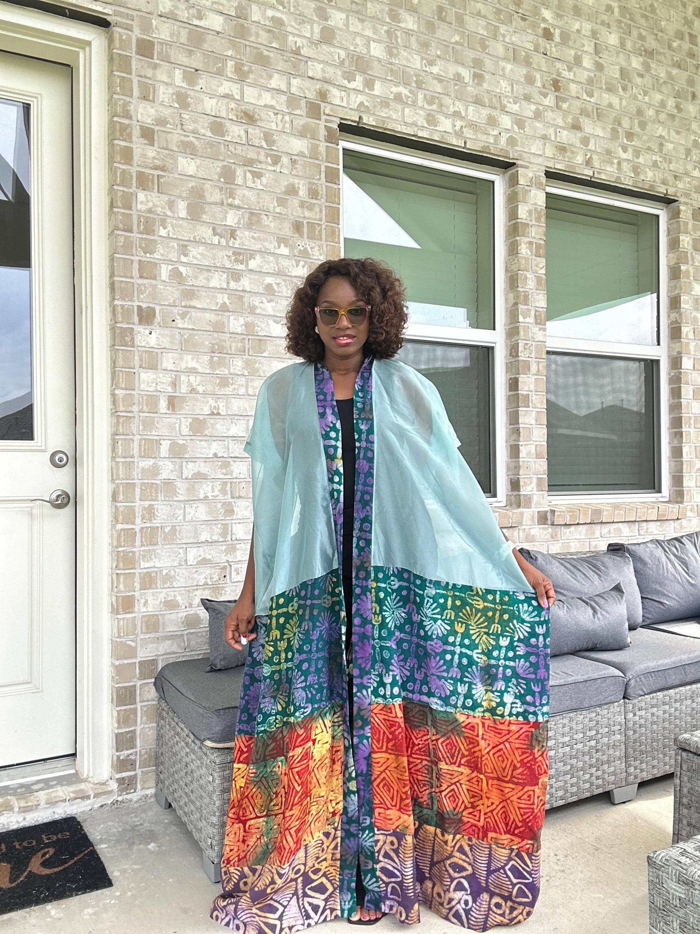 Handmade Adire & Organza Kimono: African Print Boho Duster