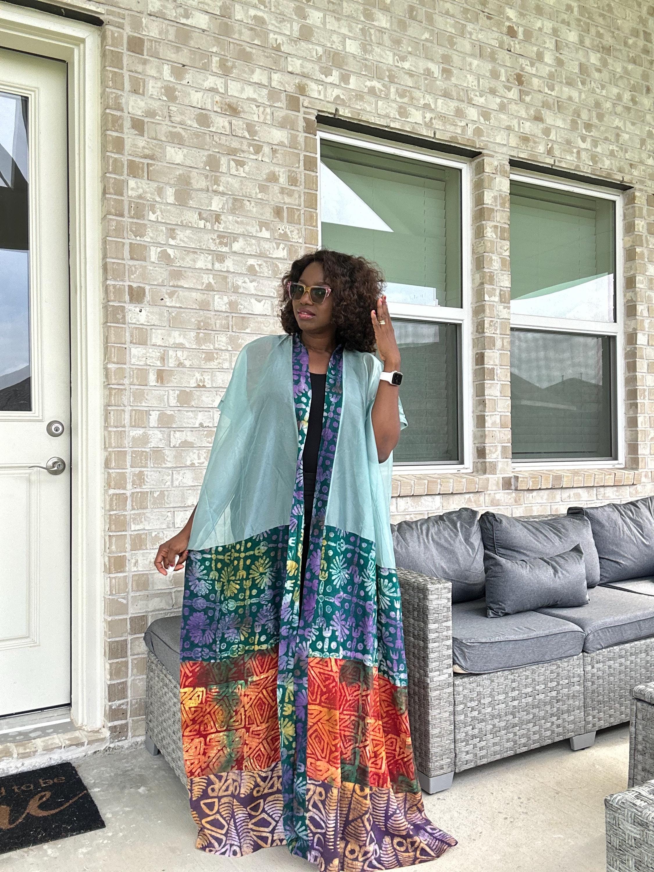 Handmade Adire & Organza Kimono: African Print Boho Duster