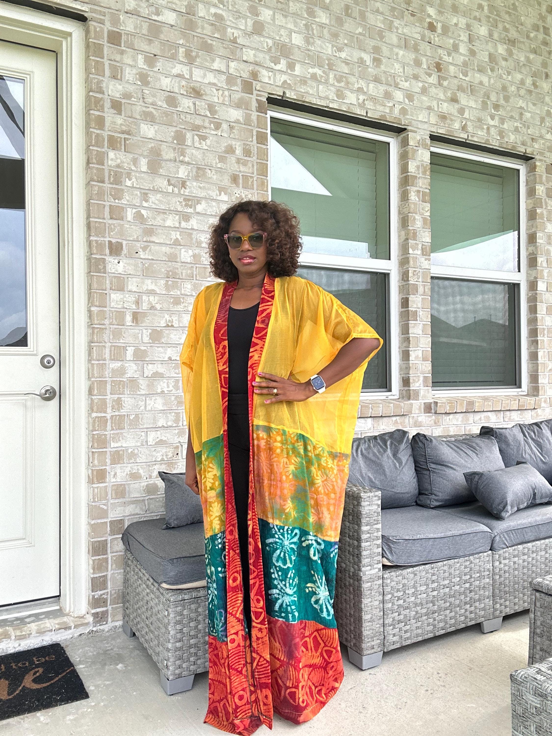 Sheer Organza Adire Kimono: African Print Boho Duster