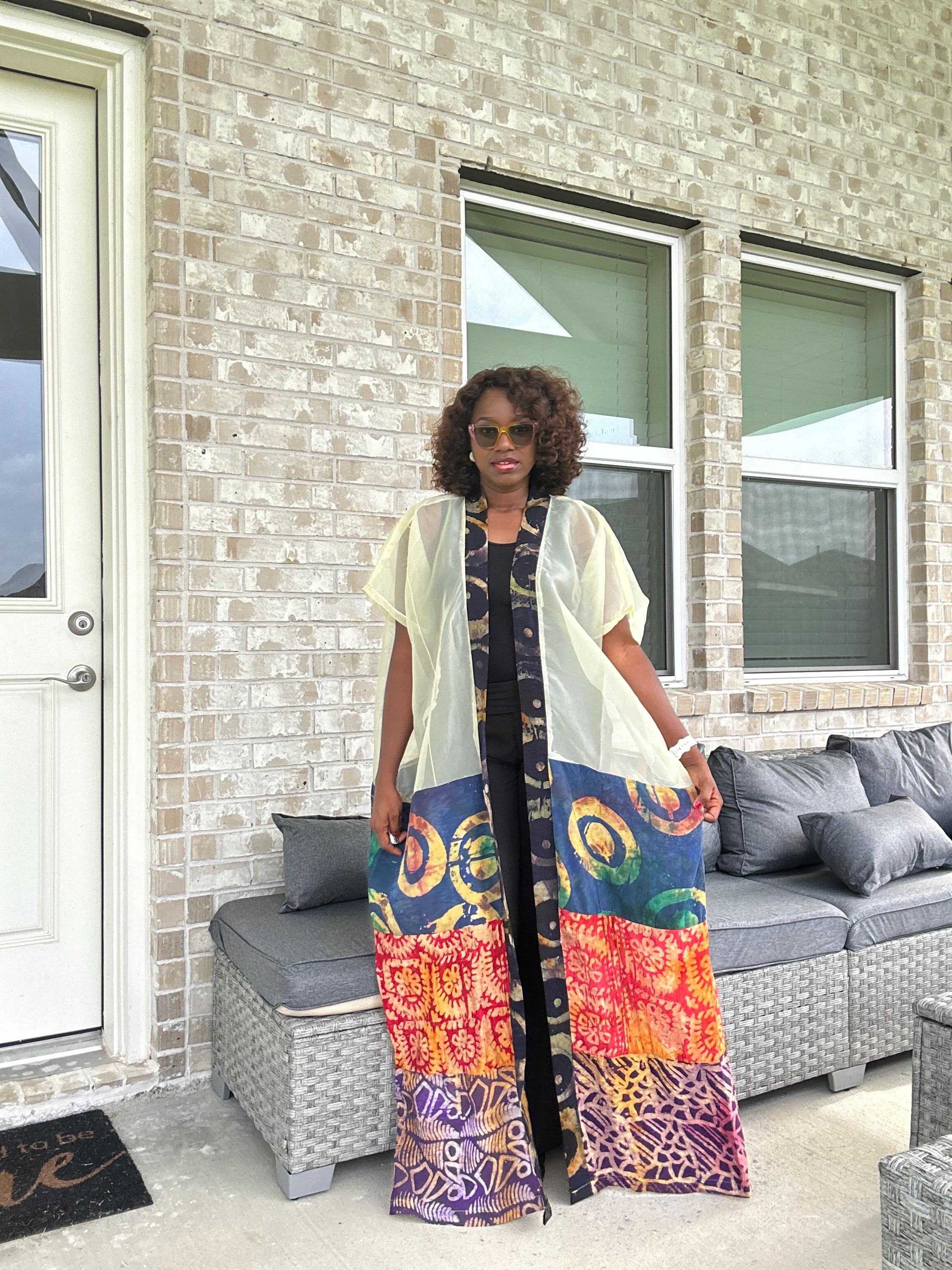 Sheer Organza Adire Kimono: African Print Boho Duster