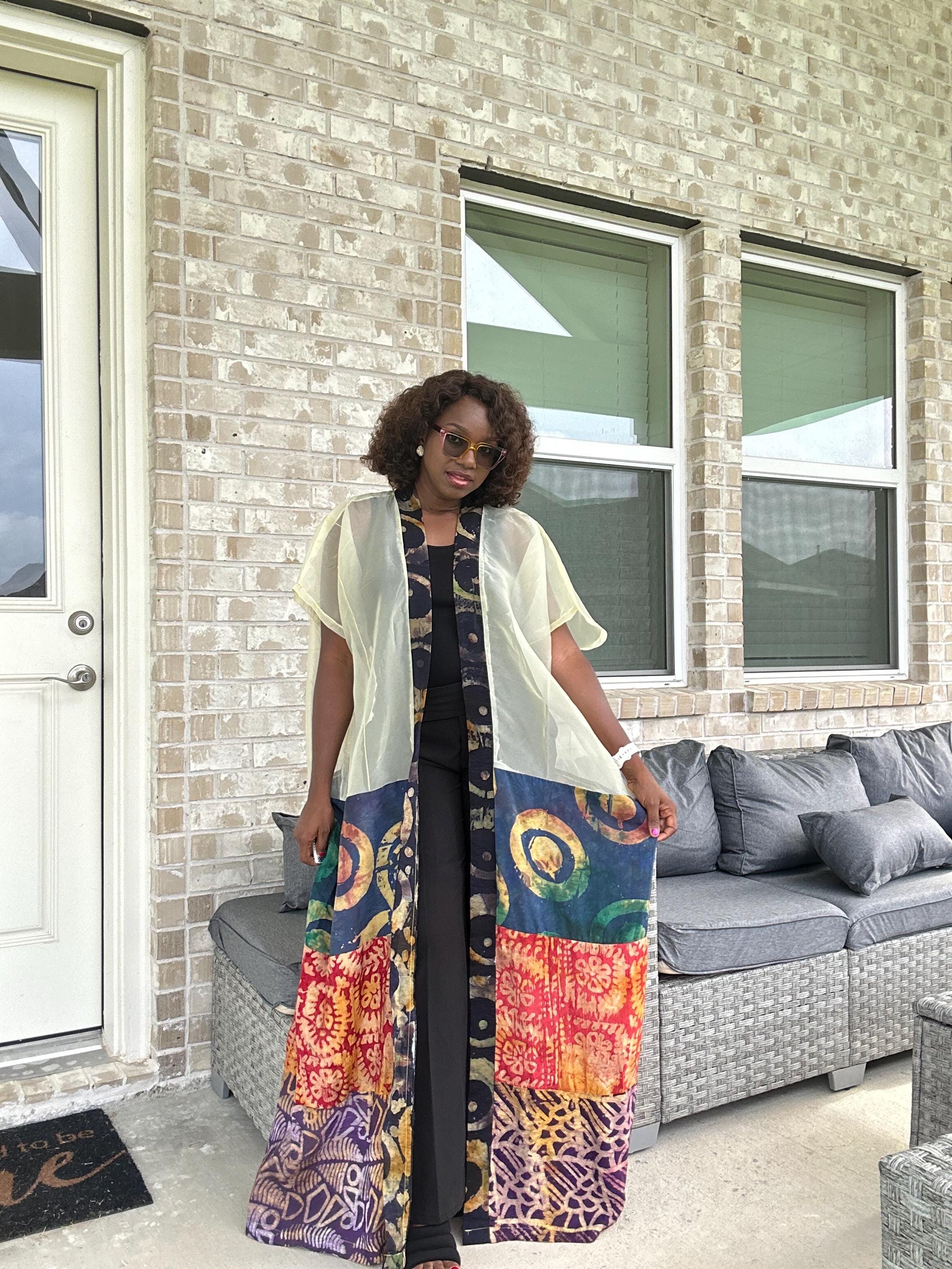 Sheer Organza Adire Kimono: African Print Boho Duster