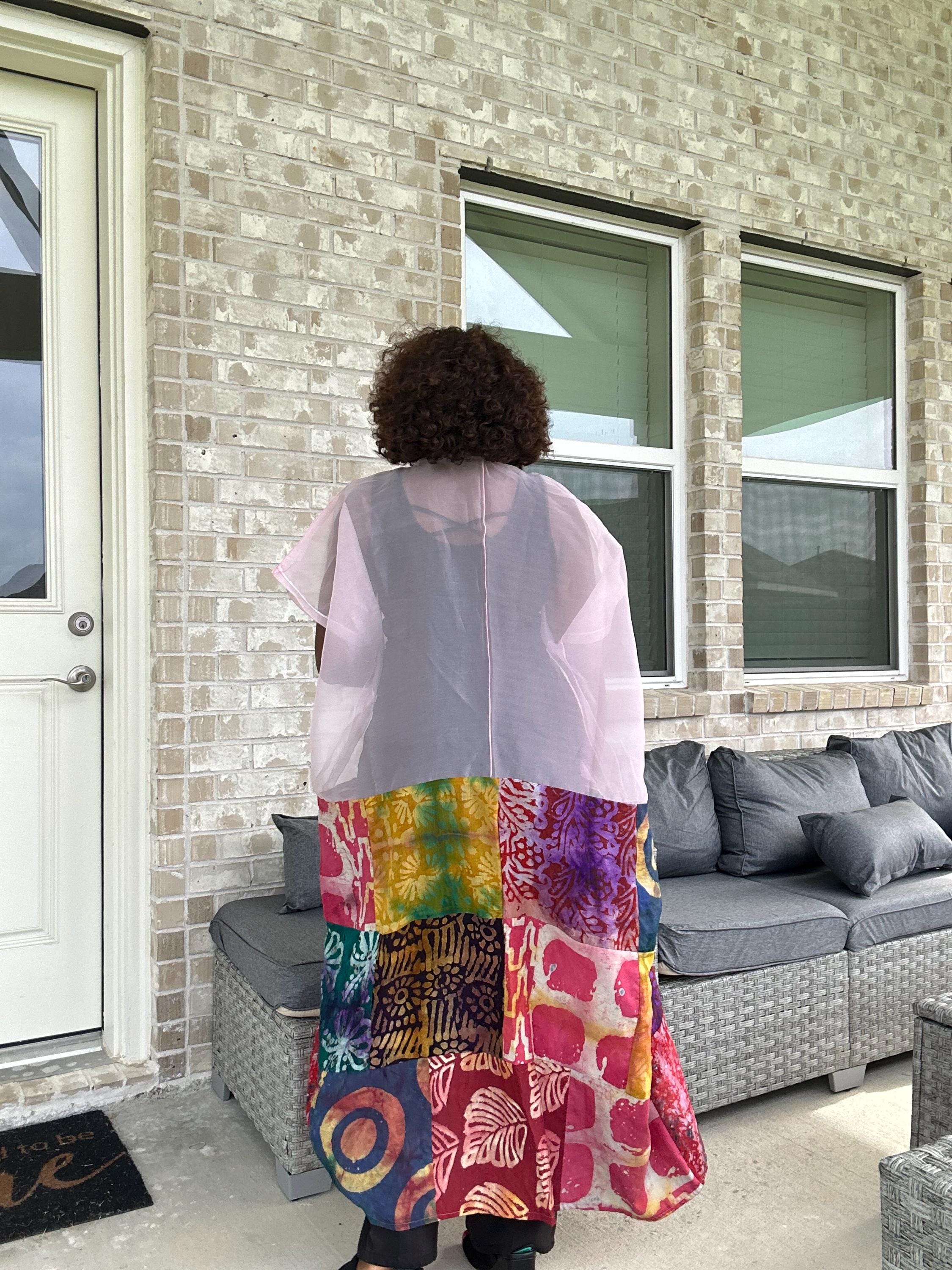 Handmade Adire & Organza Kimono: African Print Boho Duster