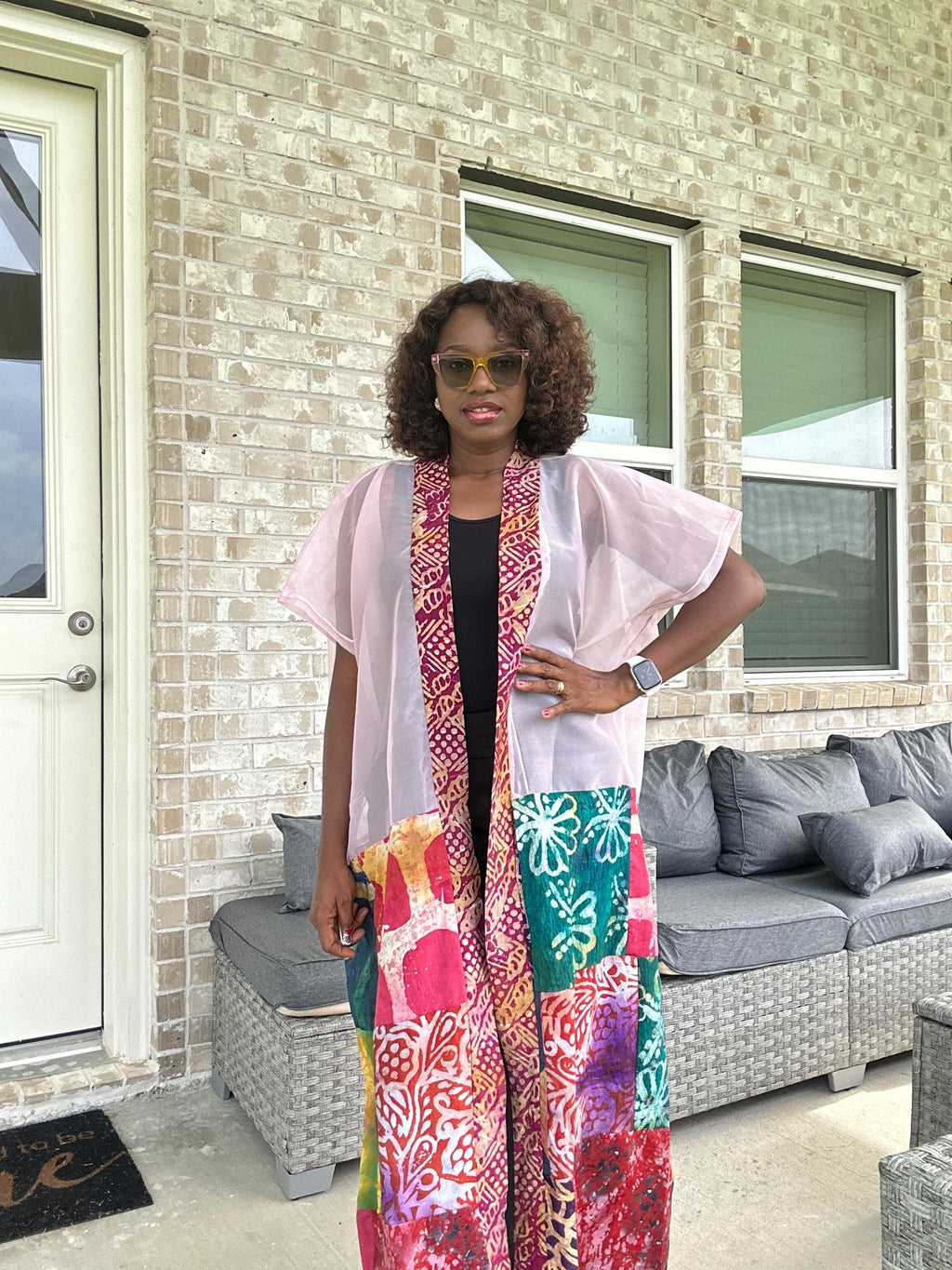 Handmade Adire & Organza Kimono: African Print Boho Duster