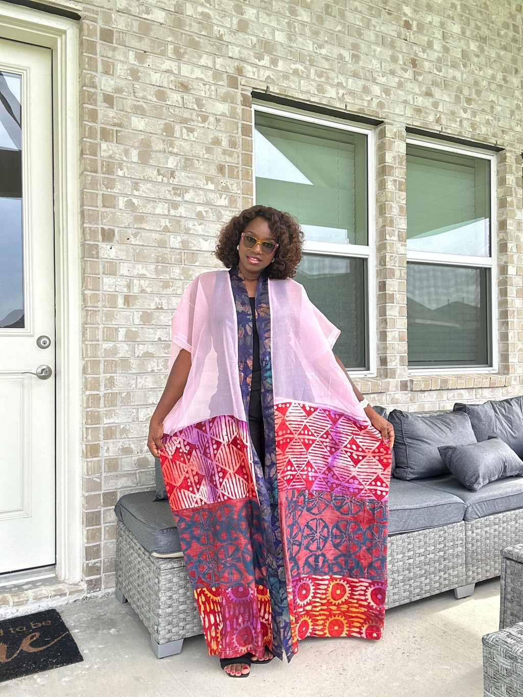 Handmade Adire & Organza Kimono: African Print Boho Duster