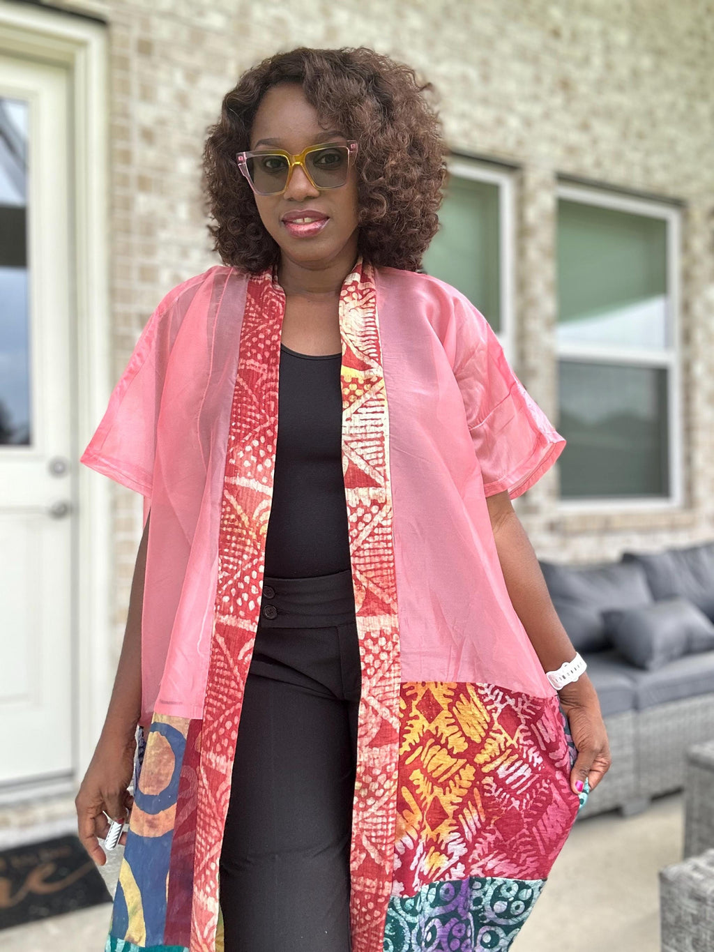 Handmade Adire & Organza Kimono: African Print Boho Duster