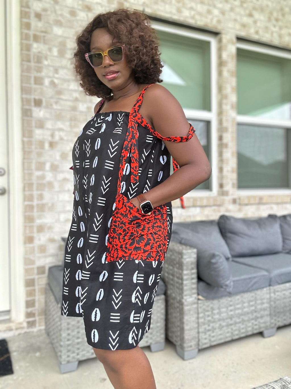 Handmade Ankara Romper: Mudcloth Print, Hot Pink & Orange Accents