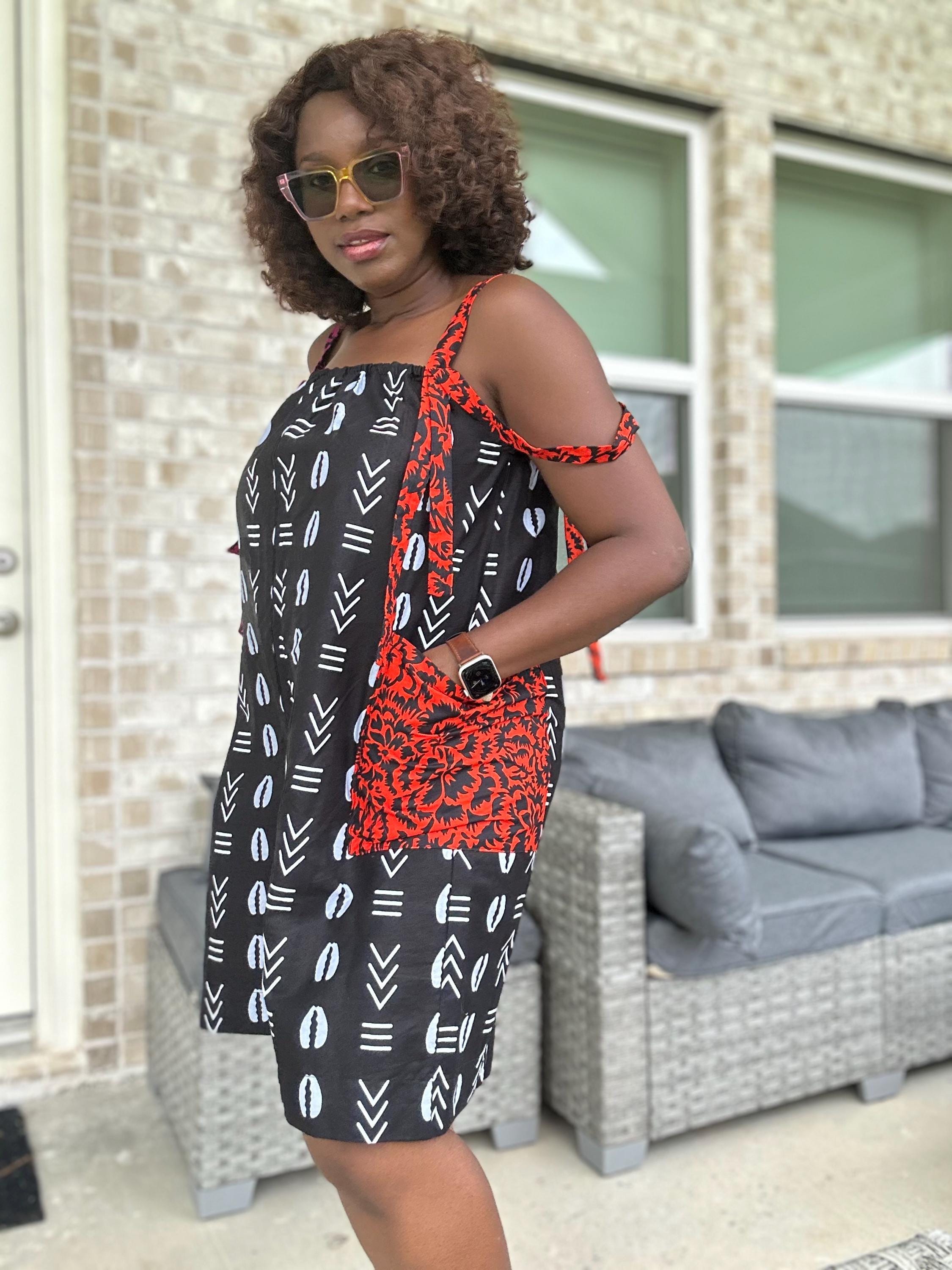 Handmade Ankara Romper: Mudcloth Print, Hot Pink & Orange Accents
