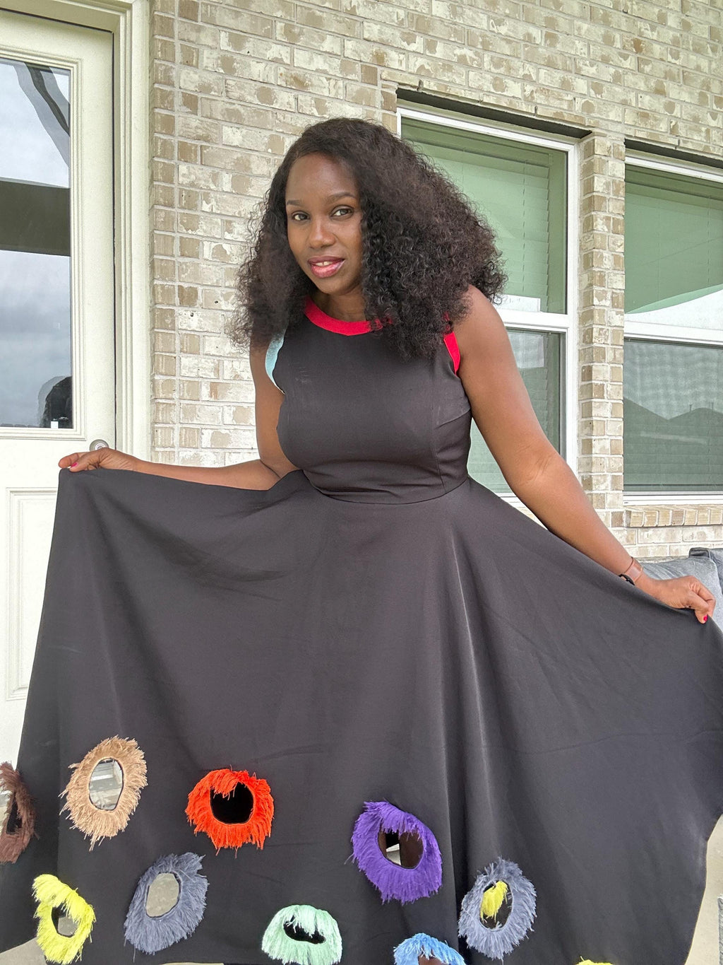 Black Mikado Maxi Dress: Colorful Ring Cutouts, Unique Party Gown