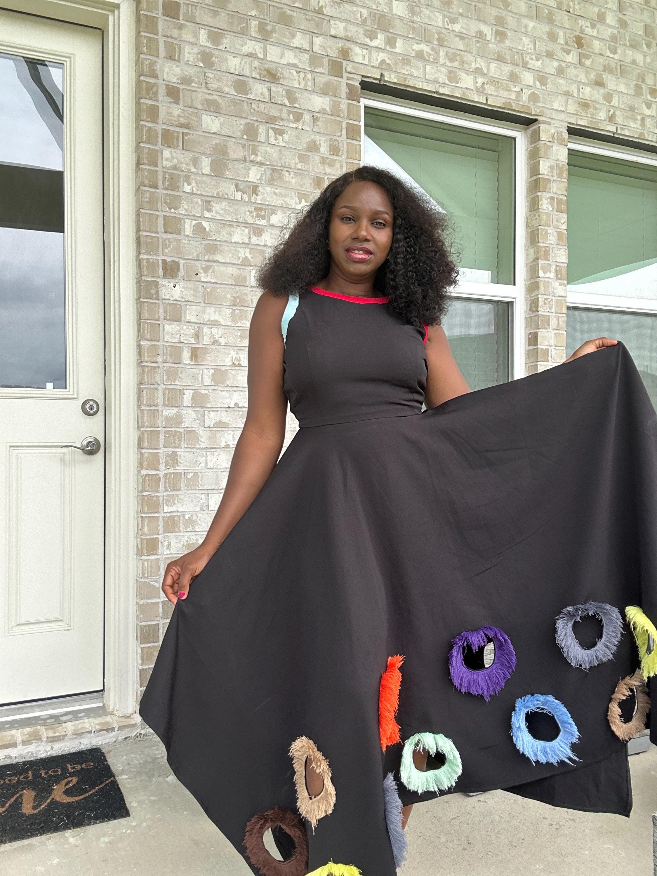 Black Mikado Maxi Dress: Colorful Ring Cutouts, Unique Party Gown