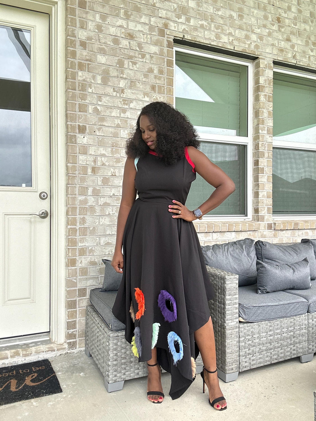 Black Mikado Maxi Dress: Colorful Ring Cutouts, Unique Party Gown