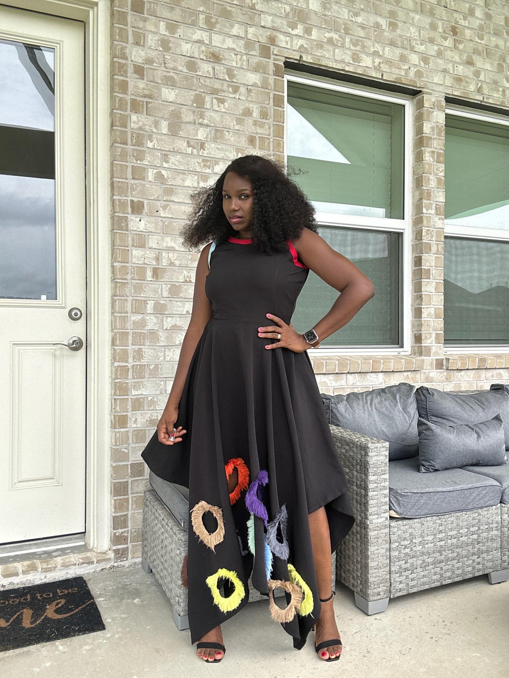 Black Mikado Maxi Dress: Colorful Ring Cutouts, Unique Party Gown