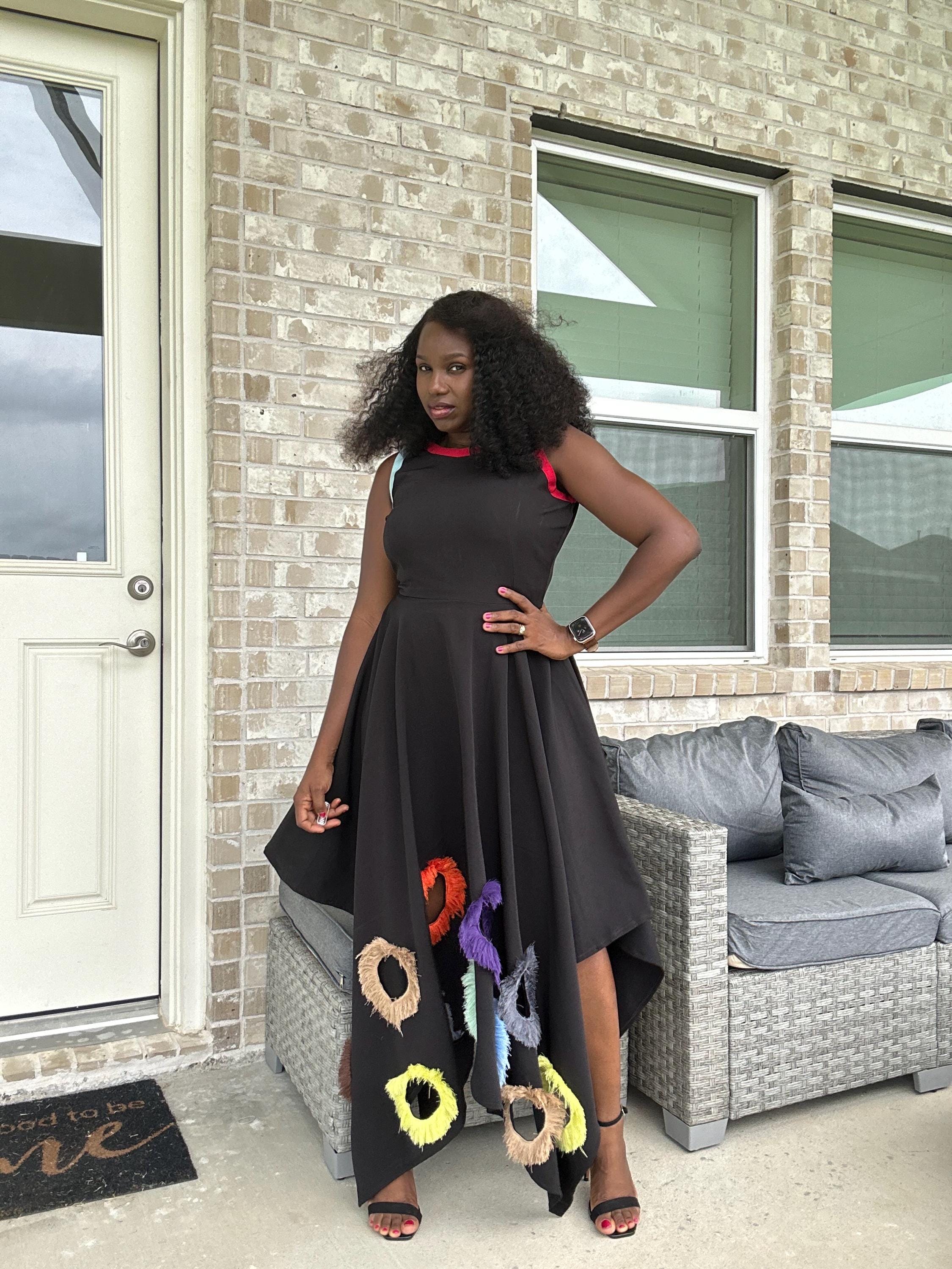 Black Mikado Maxi Dress: Colorful Ring Cutouts, Unique Party Gown