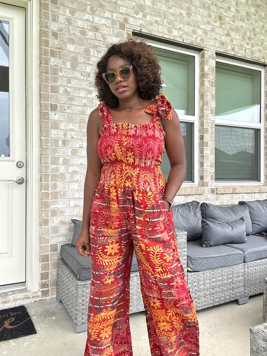 Adire Print Jumpsuit: African Boho Wide-Leg Romper with Shoulder Ties