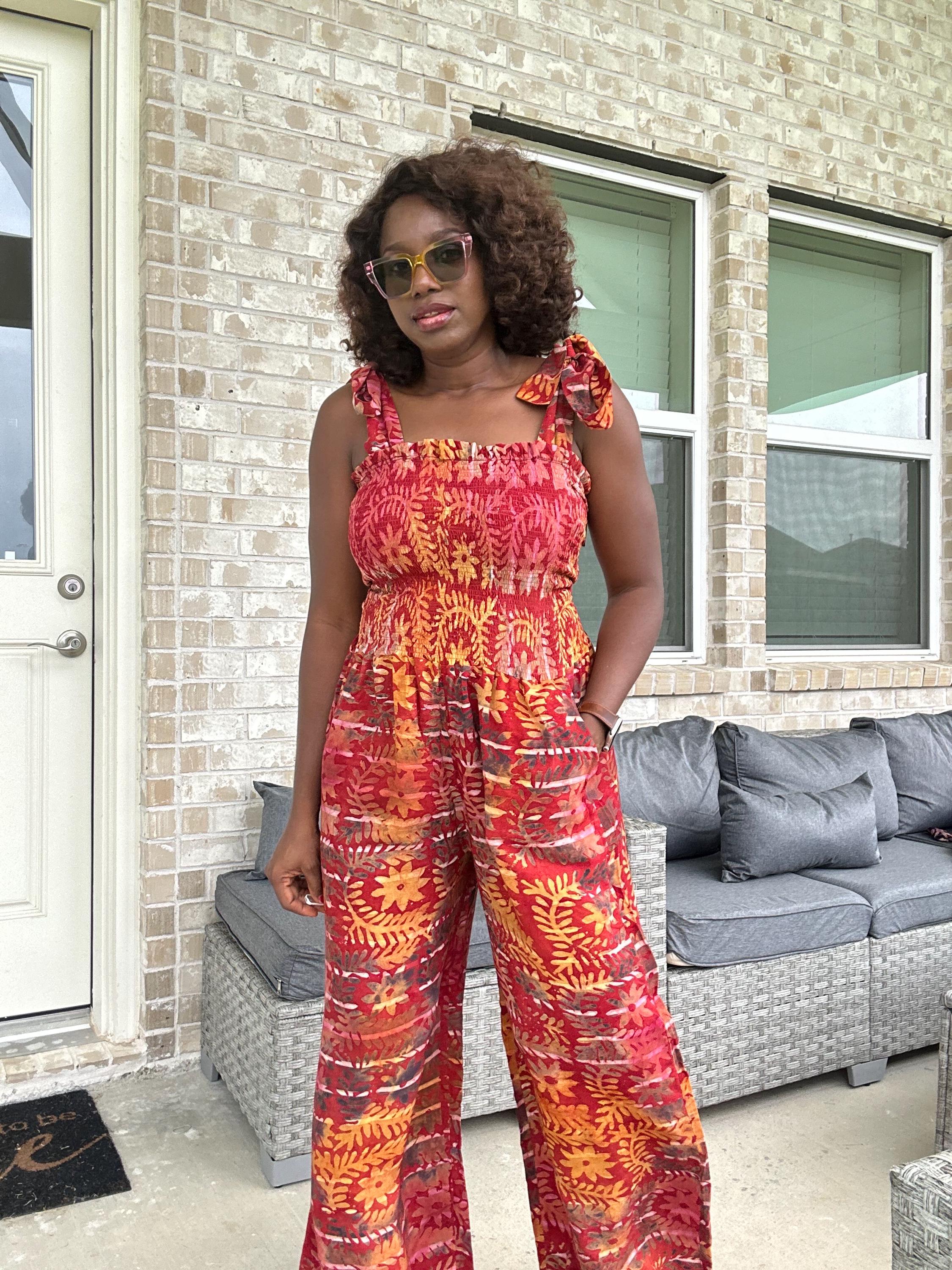 Adire Print Jumpsuit: African Boho Wide-Leg Romper with Shoulder Ties