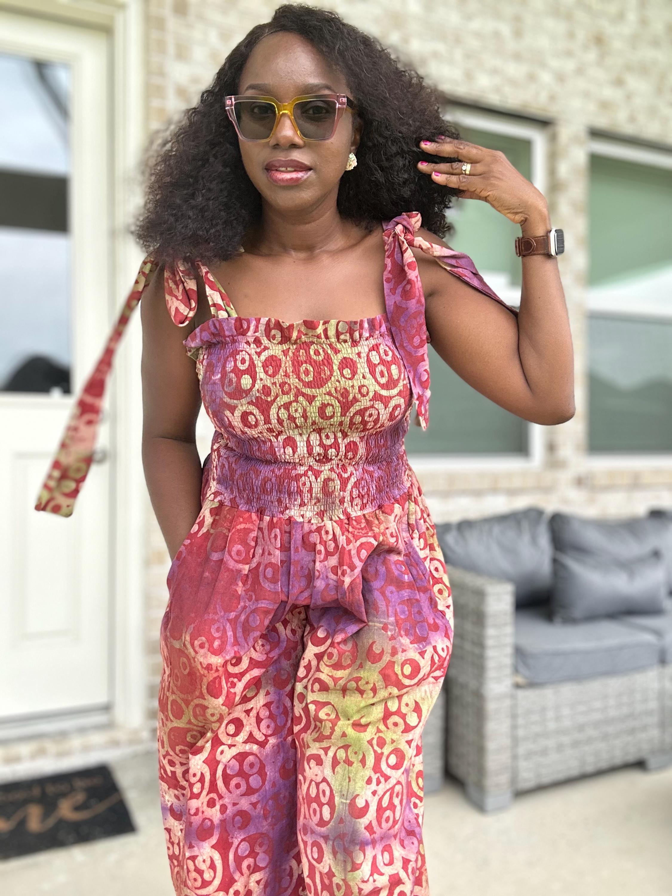 Adire Print Jumpsuit: African Boho Wide-Leg Romper with Shoulder Ties