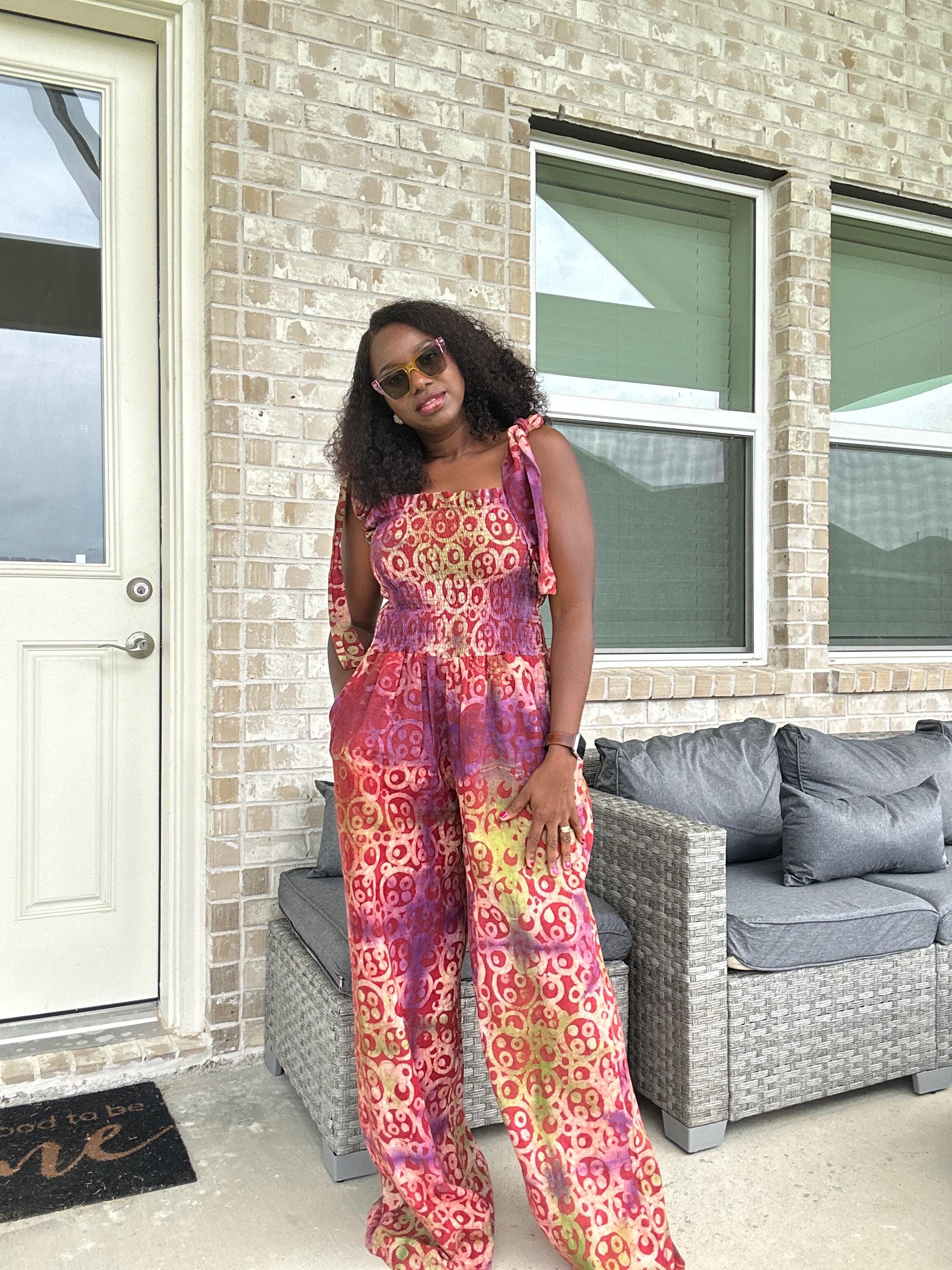 Adire Print Jumpsuit: African Boho Wide-Leg Romper with Shoulder Ties