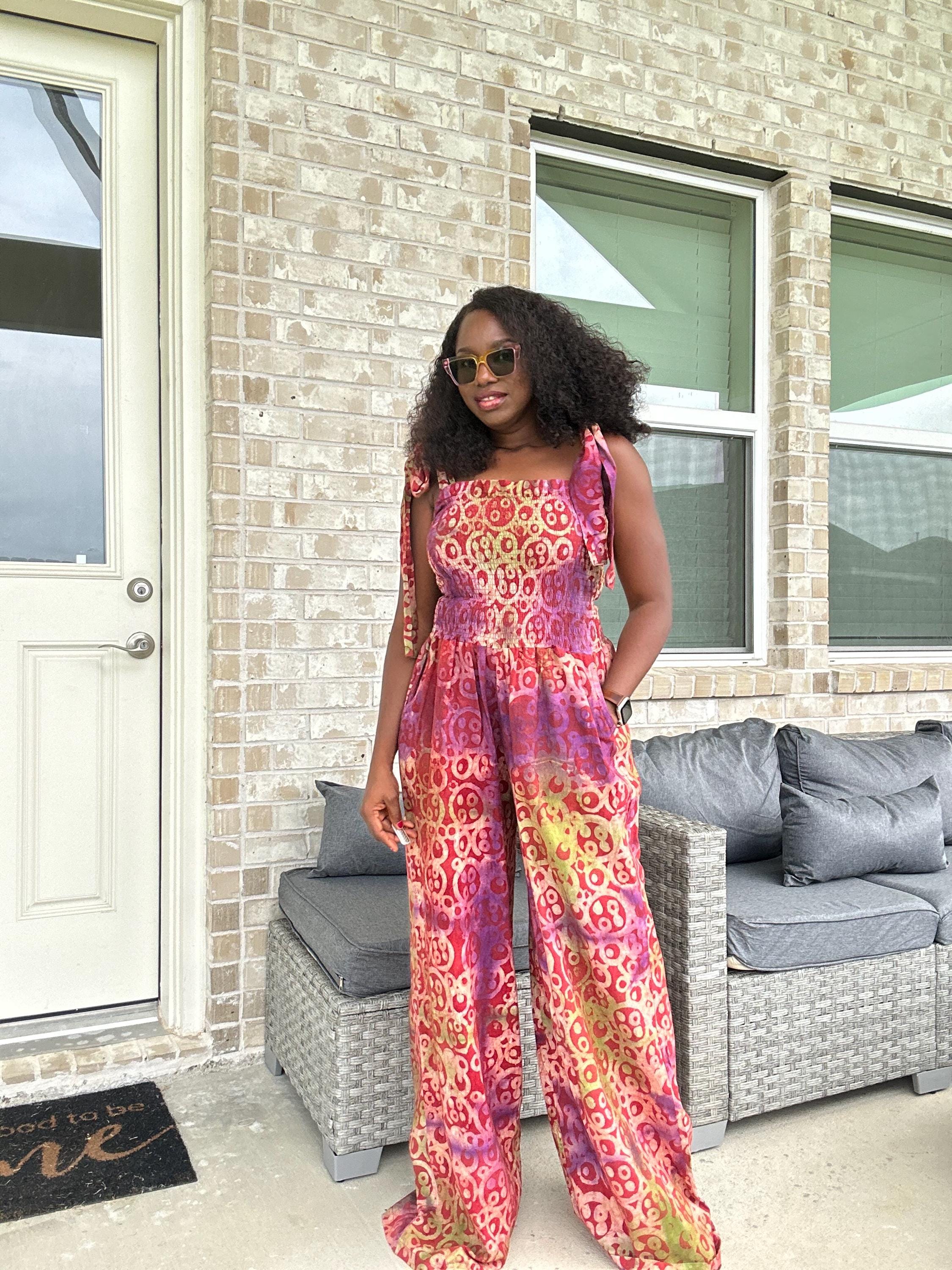 Adire Print Jumpsuit: African Boho Wide-Leg Romper with Shoulder Ties