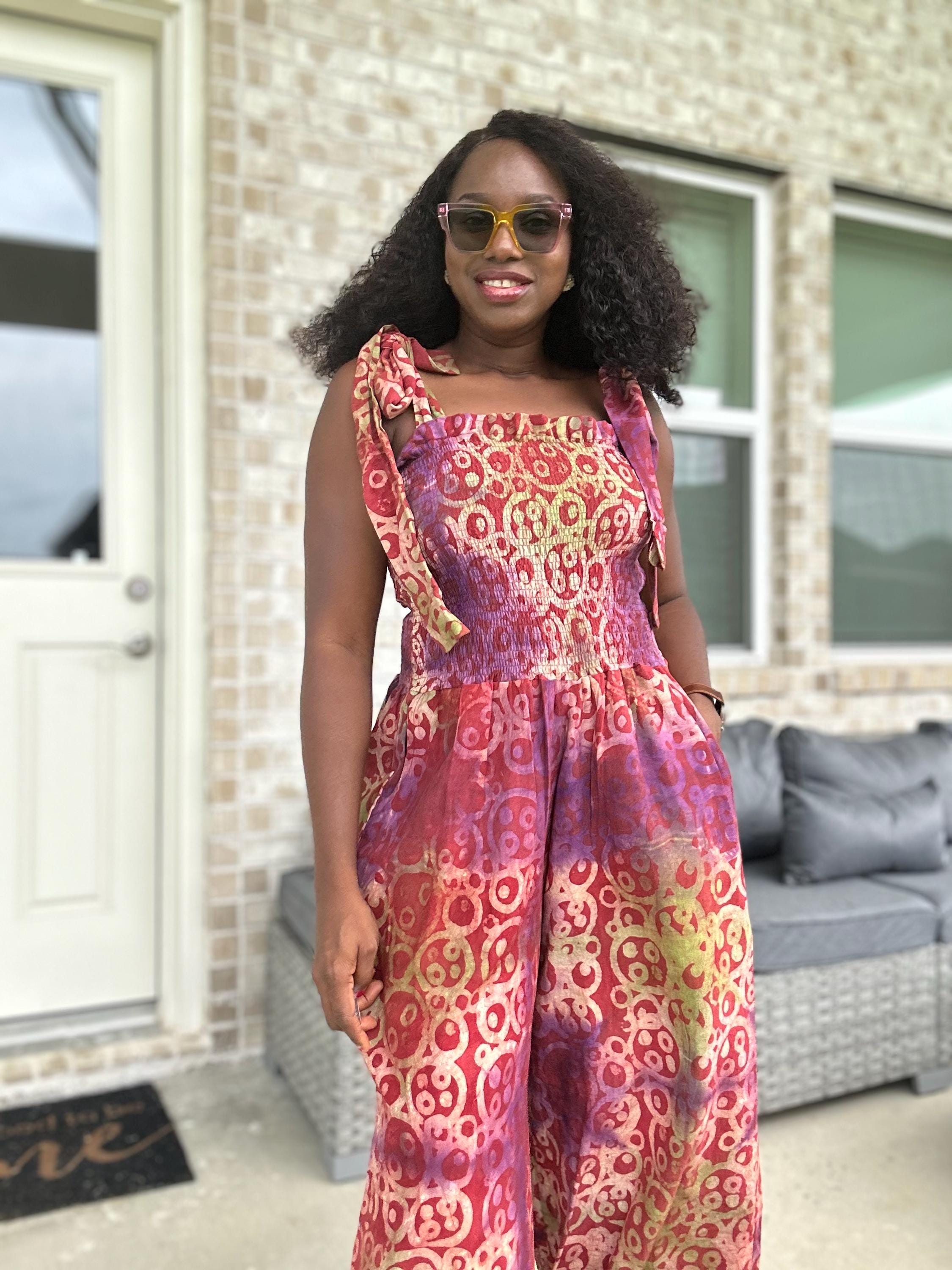 Adire Print Jumpsuit: African Boho Wide-Leg Romper with Shoulder Ties