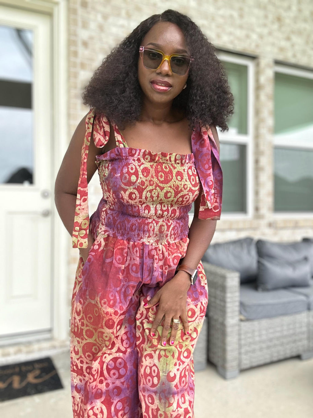 Adire Print Jumpsuit: African Boho Wide-Leg Romper with Shoulder Ties