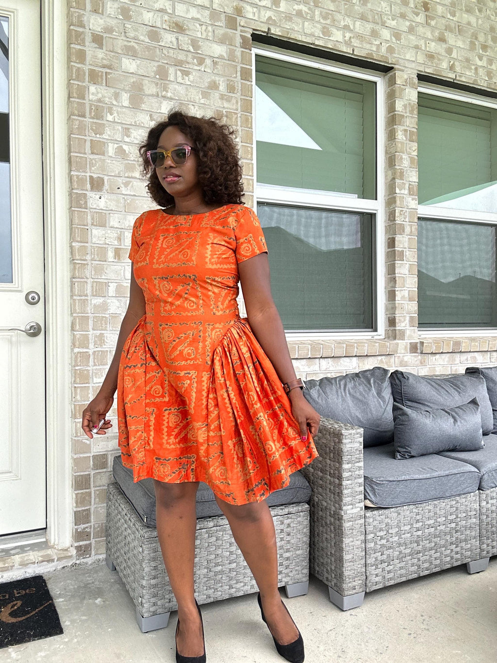 Handmade Orange Adire Dress: African Print Fit & Flare Cotton Dress