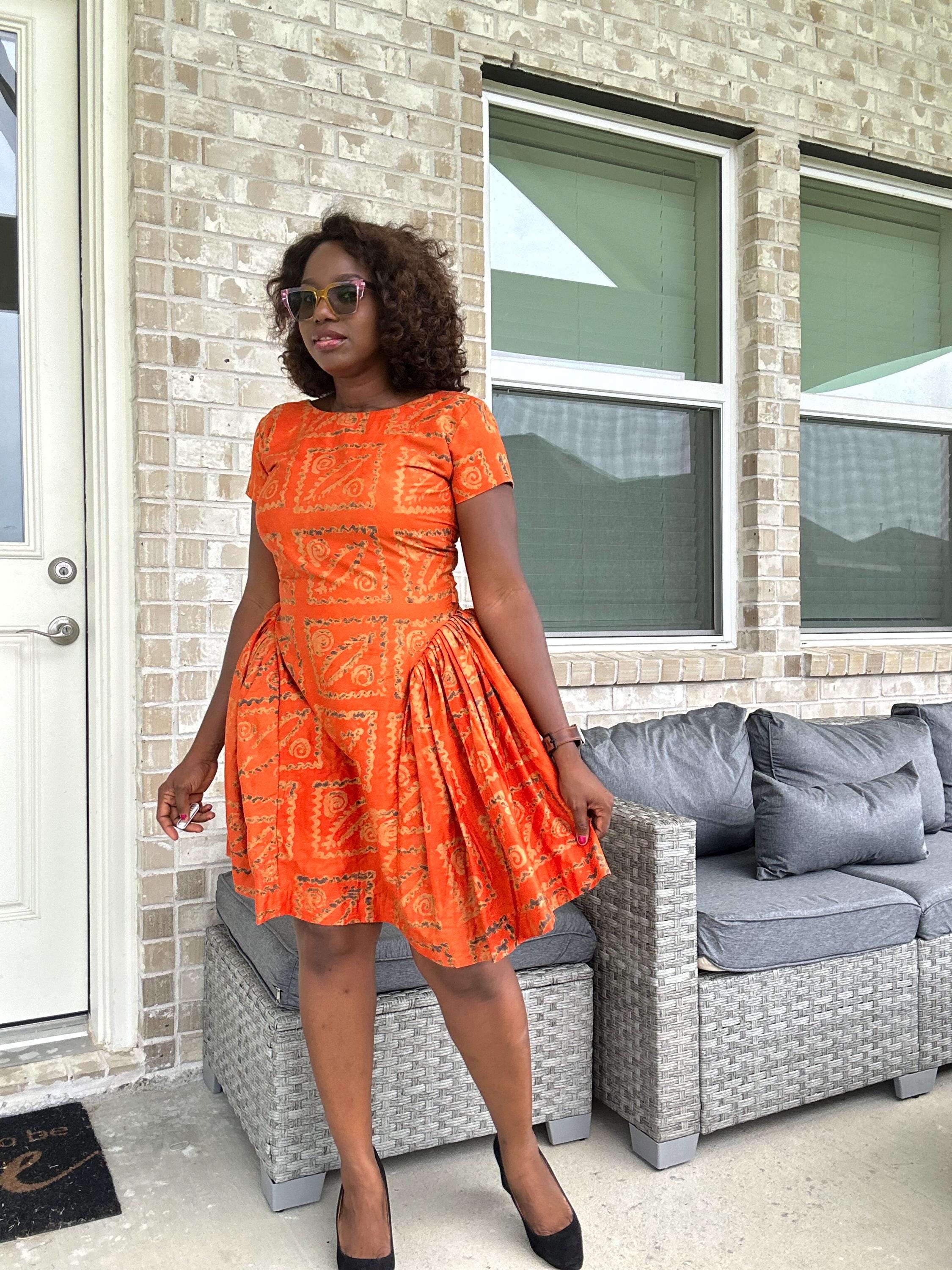 Handmade Orange Adire Dress: African Print Fit & Flare Cotton Dress
