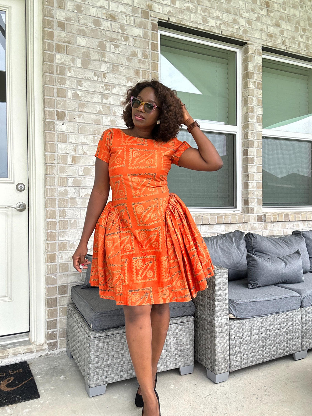 Handmade Orange Adire Dress: African Print Fit & Flare Cotton Dress