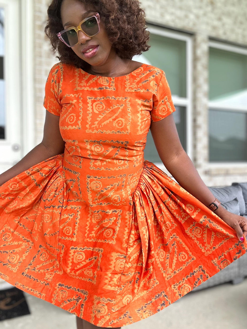 Handmade Orange Adire Dress: African Print Fit & Flare Cotton Dress
