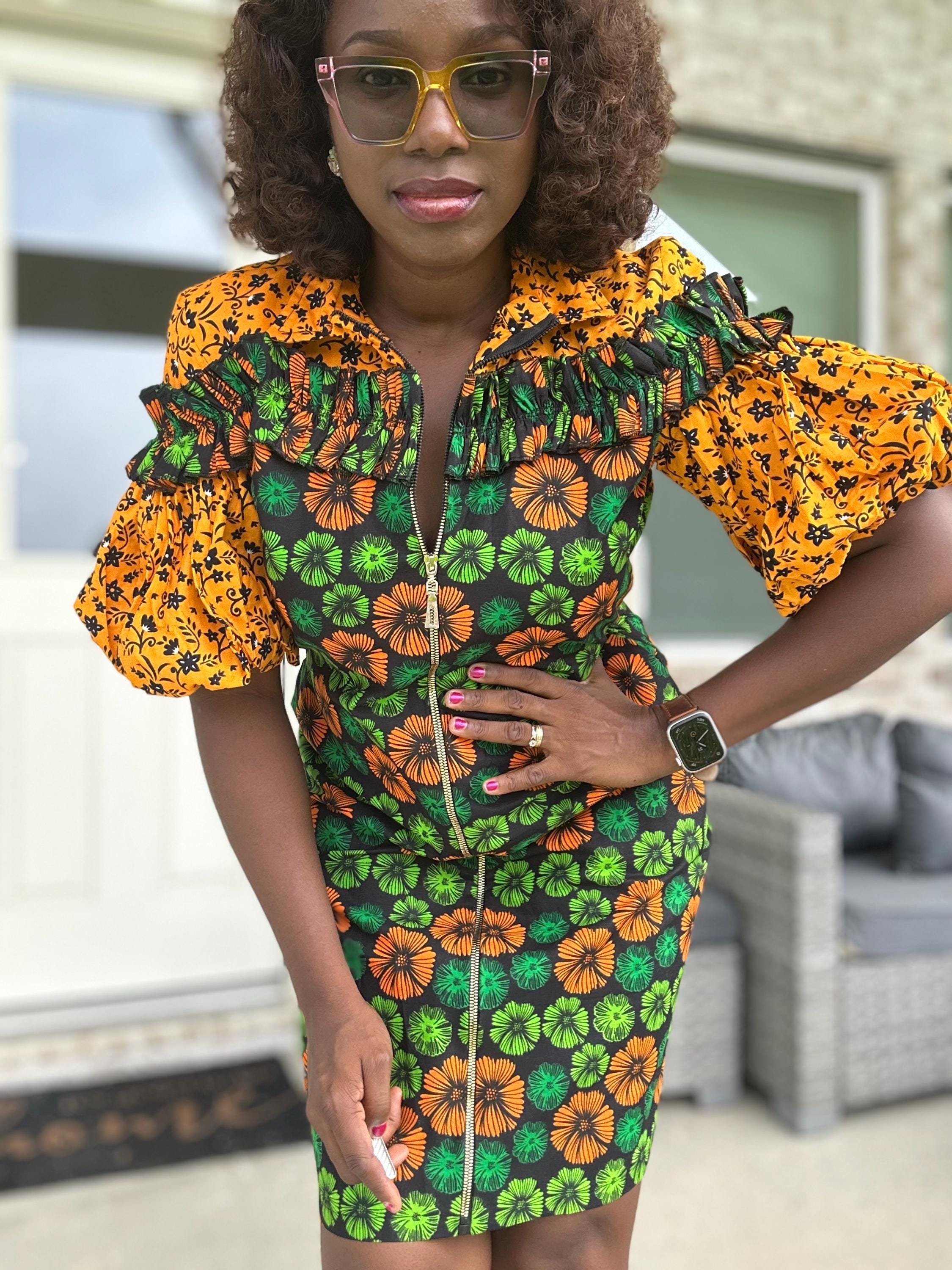 Bold Ankara Zip-Front Dress – African Print Short Dress with Puff Sleeves and Pockets | Handmade Floral Wax Fabric Dress