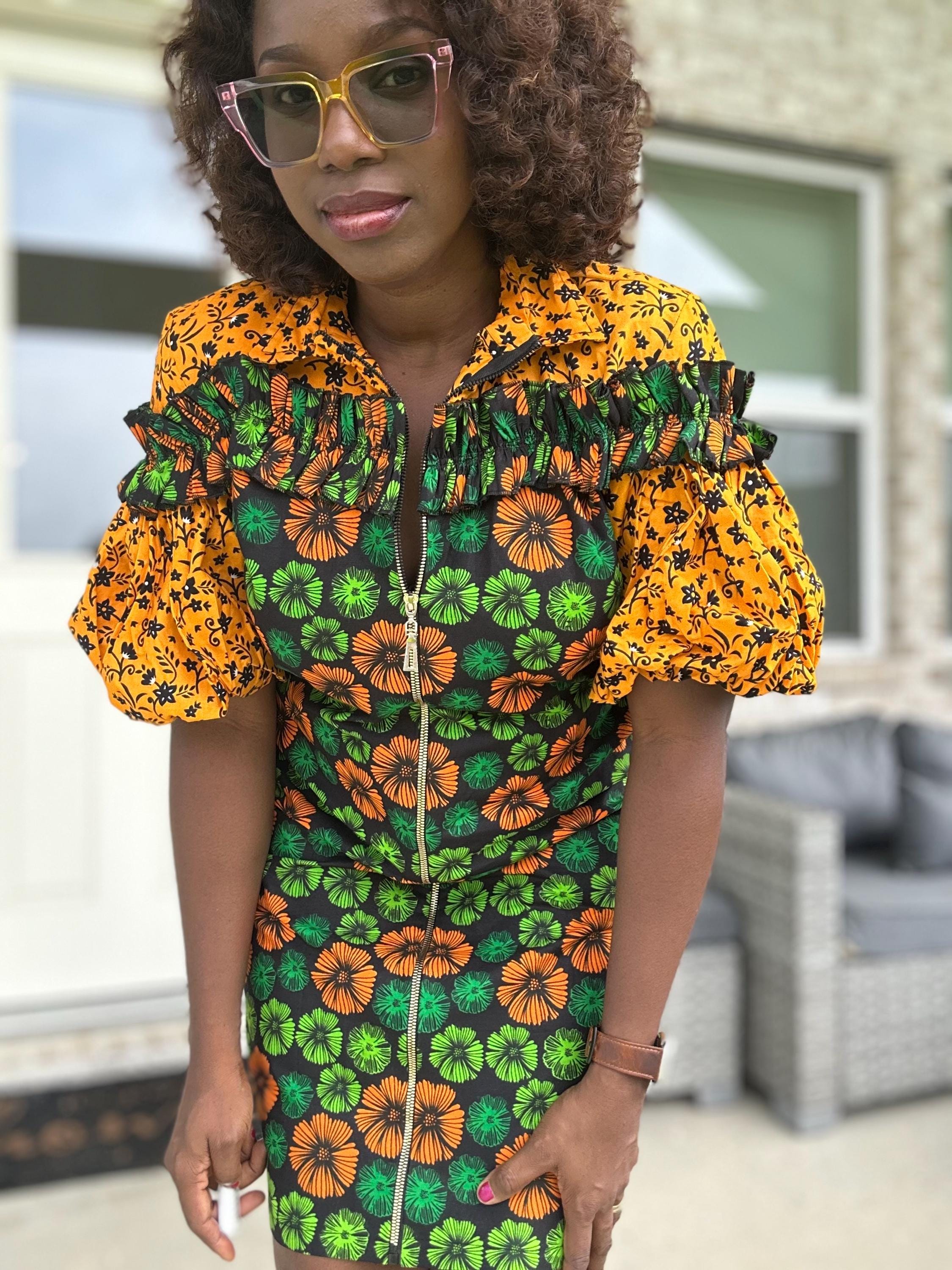 Bold Ankara Zip-Front Dress – African Print Short Dress with Puff Sleeves and Pockets | Handmade Floral Wax Fabric Dress