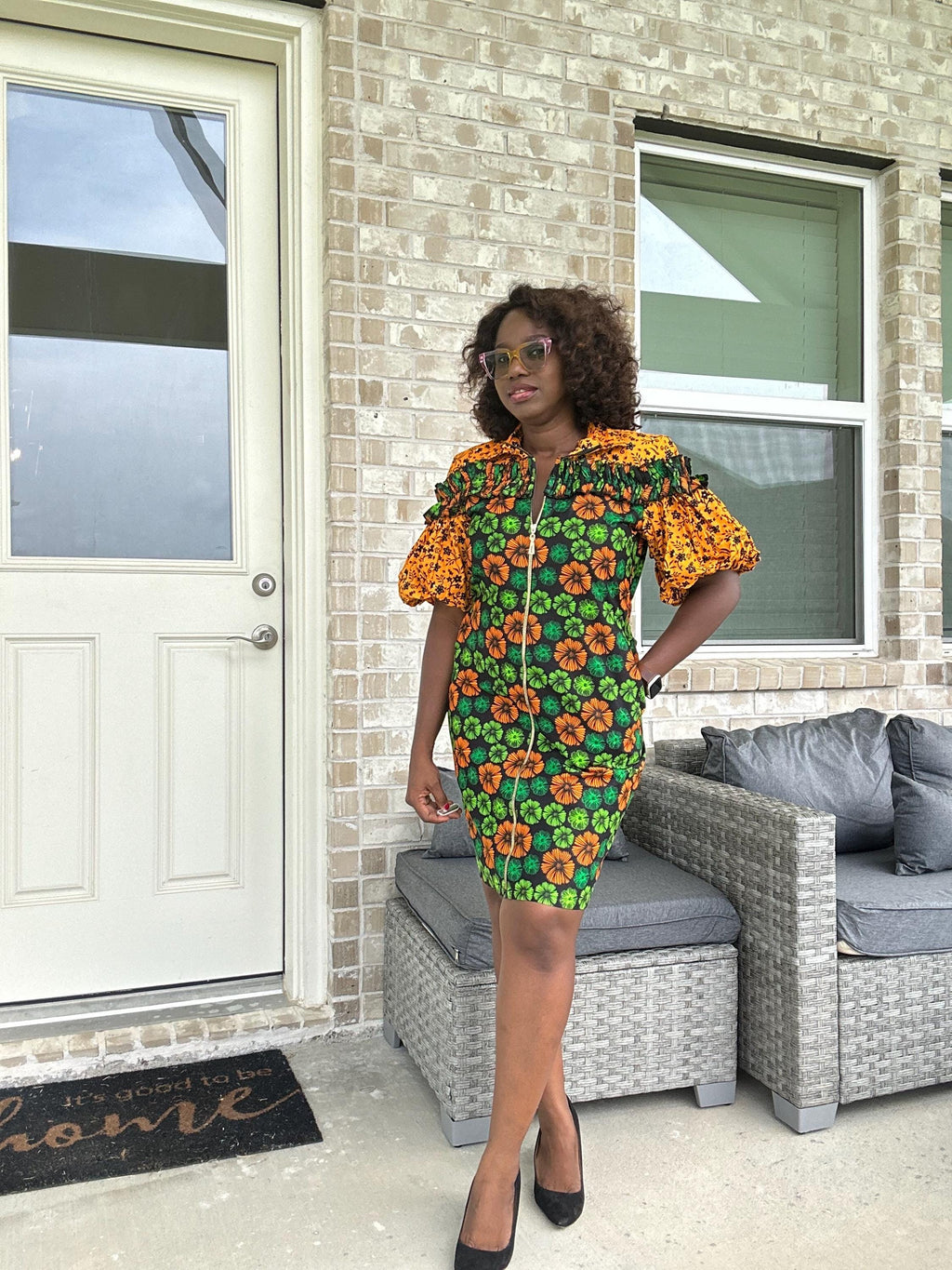 Bold Ankara Zip-Front Dress – African Print Short Dress with Puff Sleeves and Pockets | Handmade Floral Wax Fabric Dress