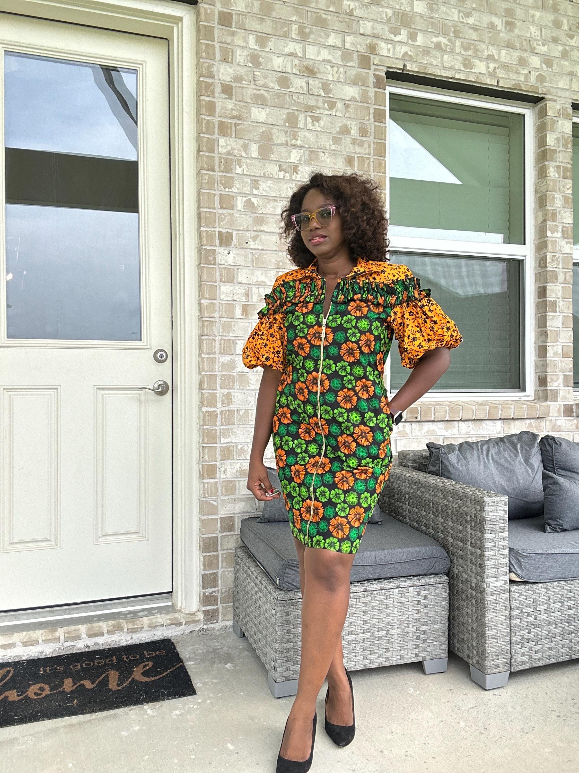 Bold Ankara Zip-Front Dress – African Print Short Dress with Puff Sleeves and Pockets | Handmade Floral Wax Fabric Dress