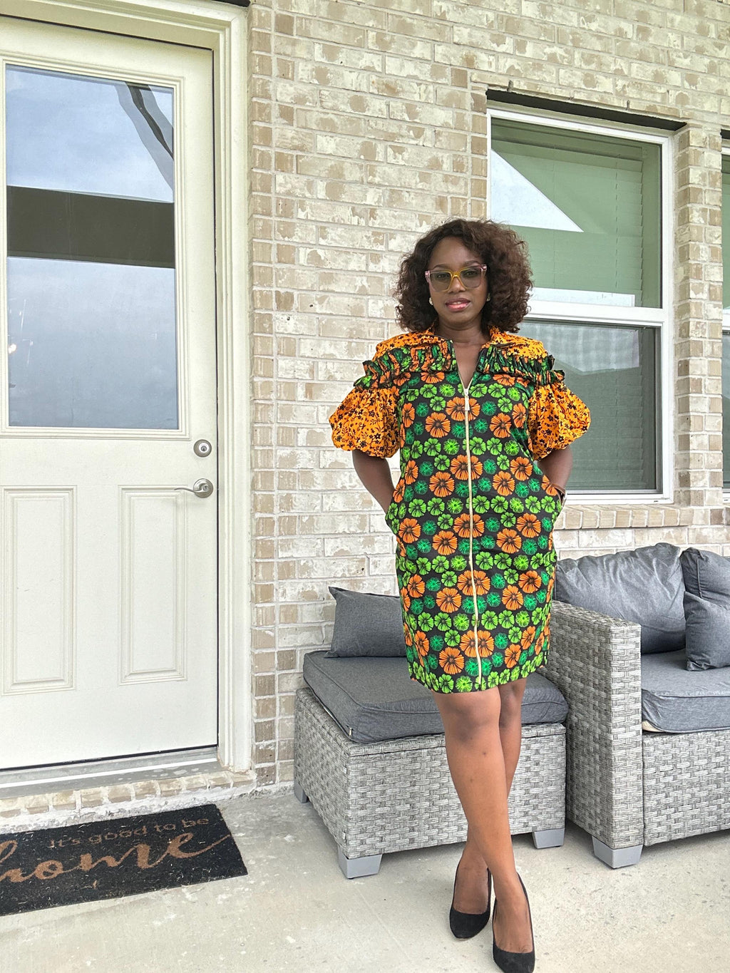 Bold Ankara Zip-Front Dress – African Print Short Dress with Puff Sleeves and Pockets | Handmade Floral Wax Fabric Dress