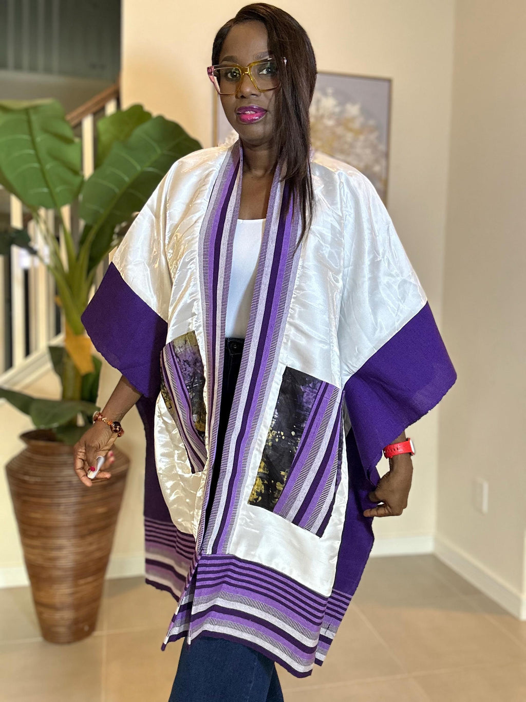 Handmade African Print Kimono: Adire Aso Oke Robe