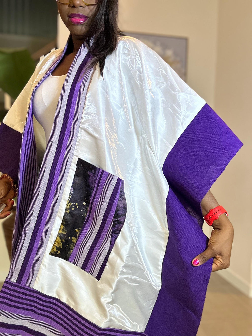 Handmade African Print Kimono: Adire Aso Oke Robe