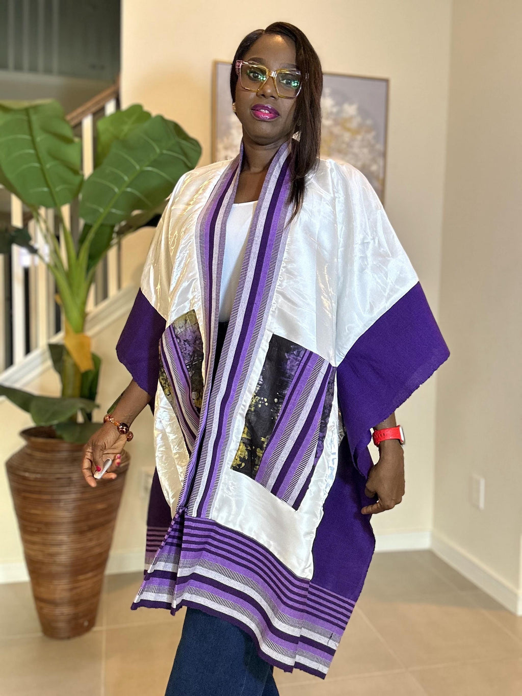 Handmade African Print Kimono: Adire Aso Oke Robe