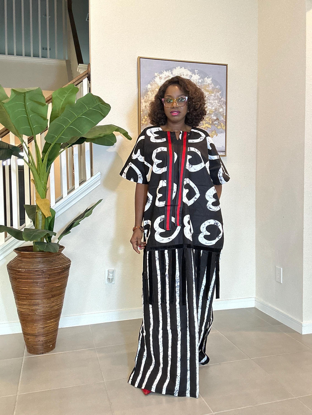 African Ankara Maxi Dress: Black & White Adire Print Kaftan with Red Detail