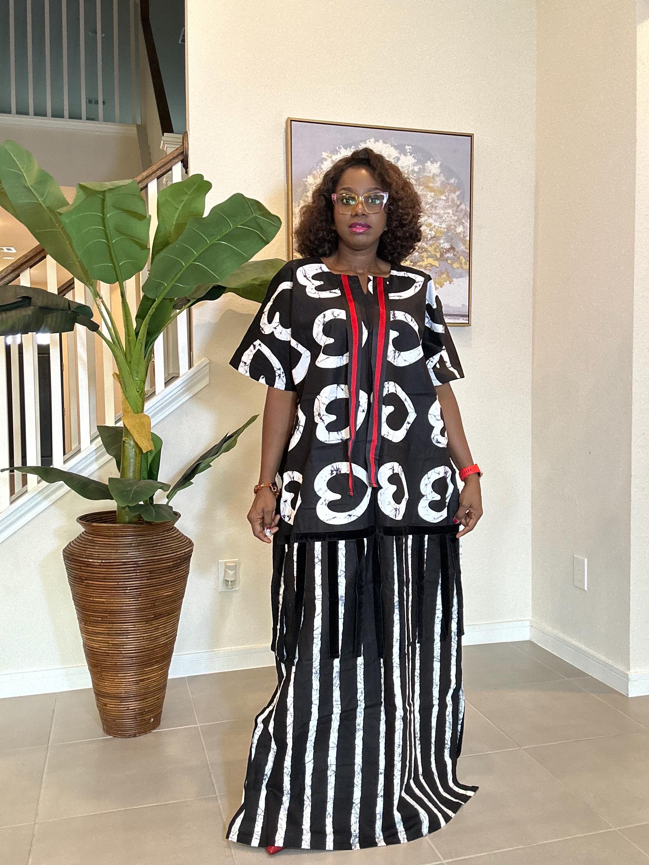 African Ankara Maxi Dress: Black & White Adire Print Kaftan with Red Detail