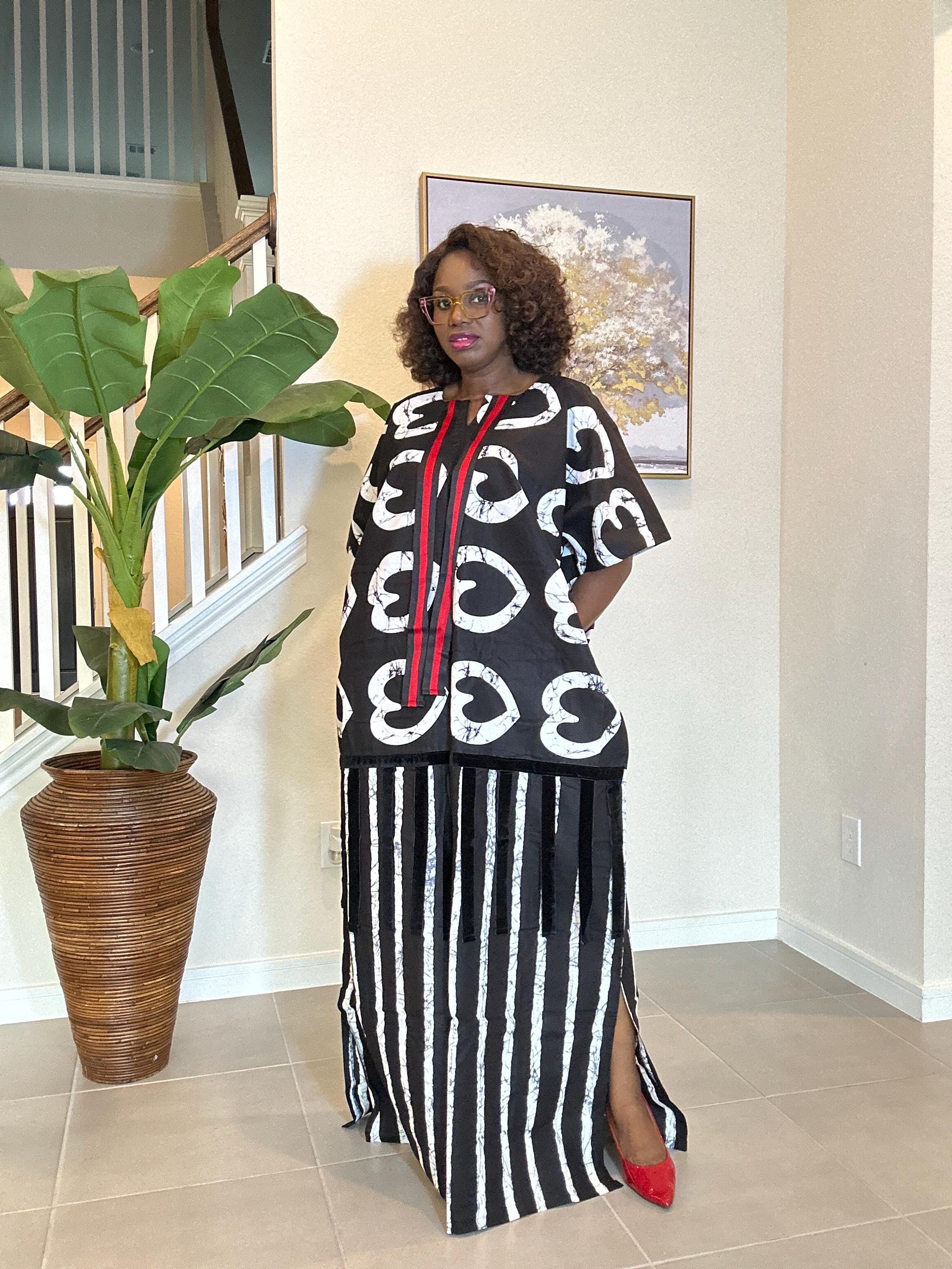 African Ankara Maxi Dress: Black & White Adire Print Kaftan with Red Detail