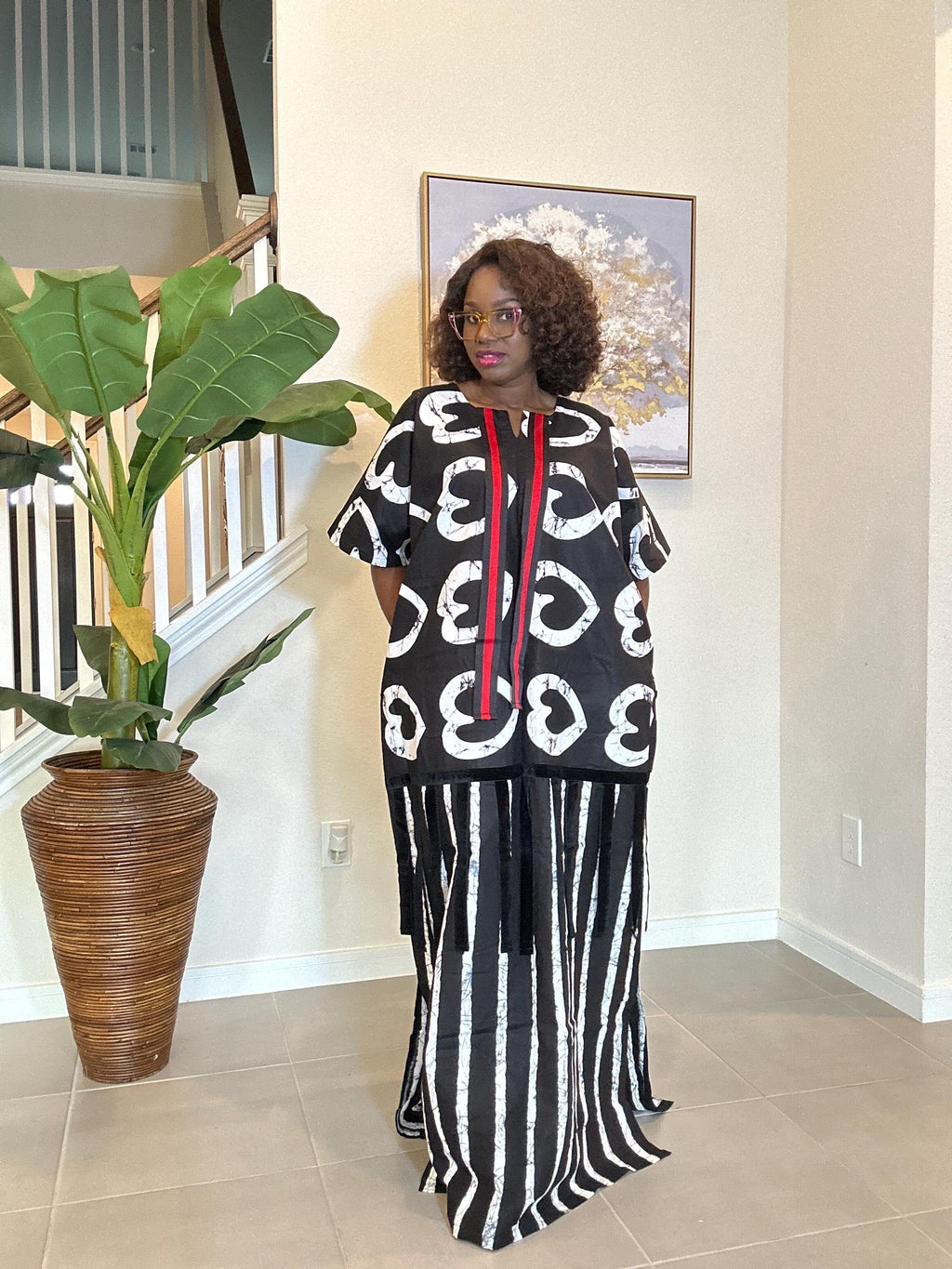 African Ankara Maxi Dress: Black & White Adire Print Kaftan with Red Detail
