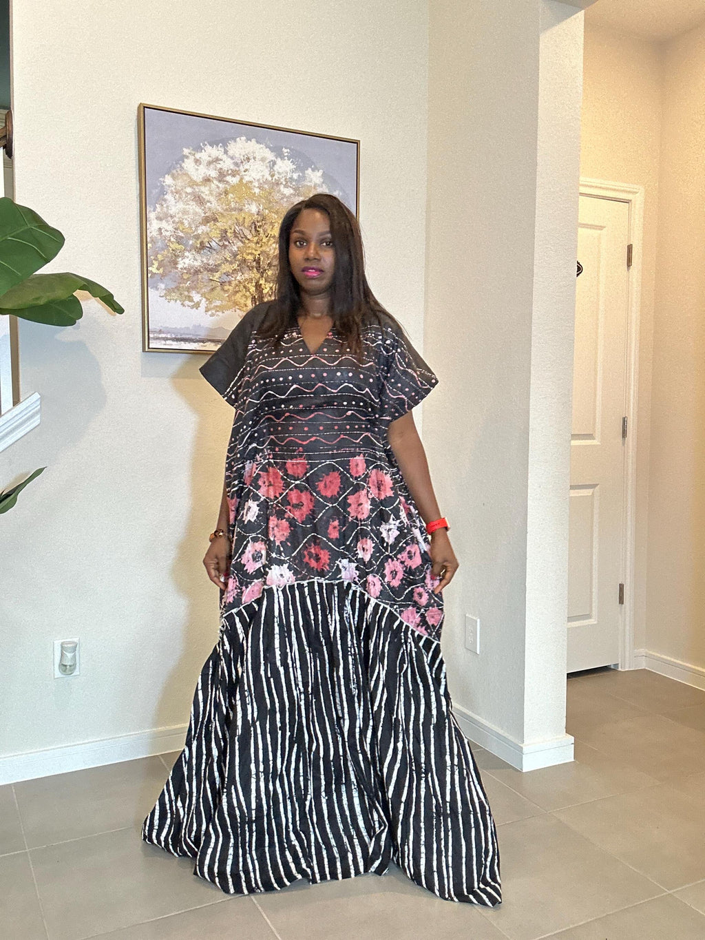 Handmade African Adire Maxi Dress: Floral & Striped Cotton Kaftan
