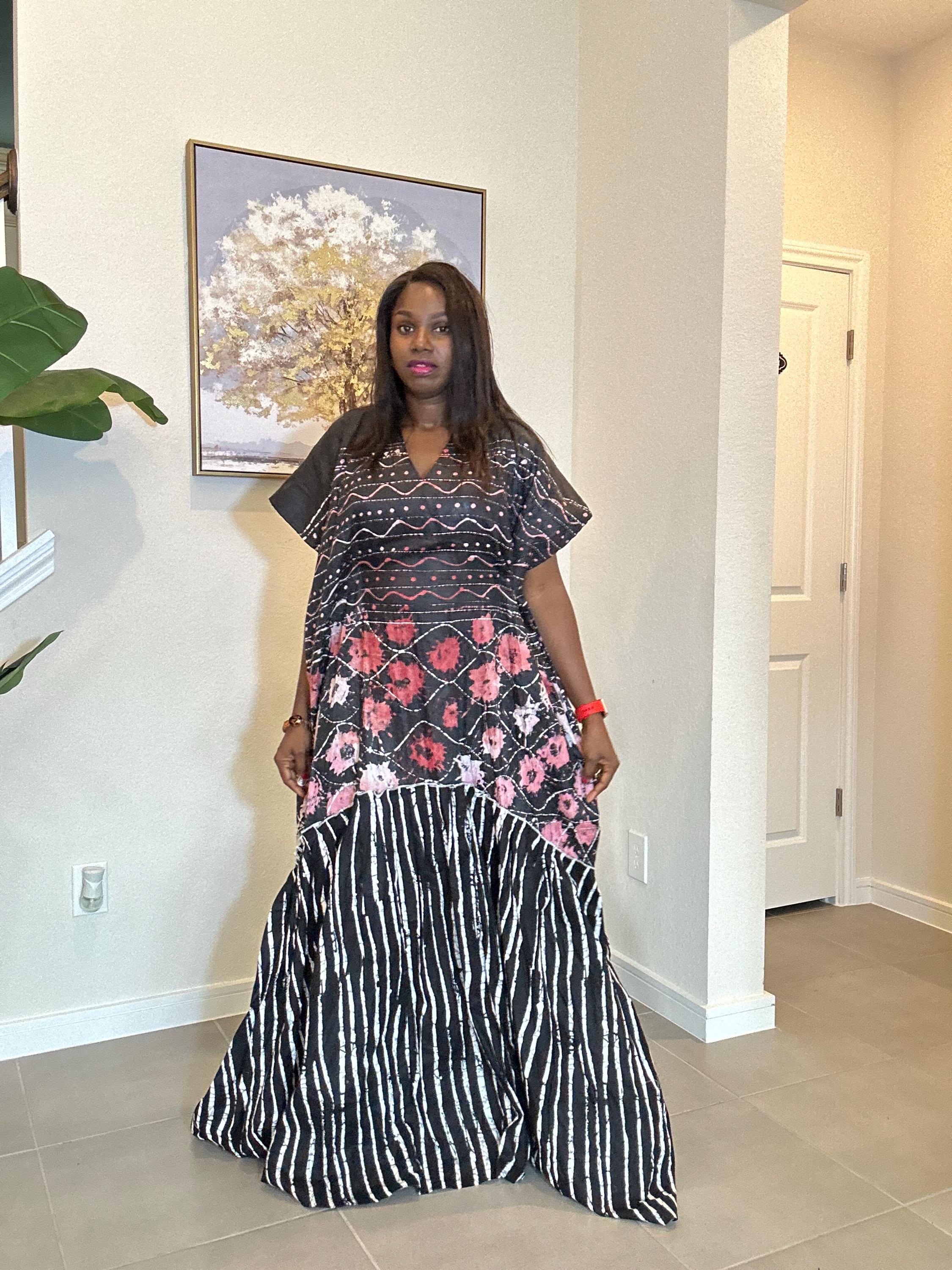 Handmade African Adire Maxi Dress: Floral & Striped Cotton Kaftan