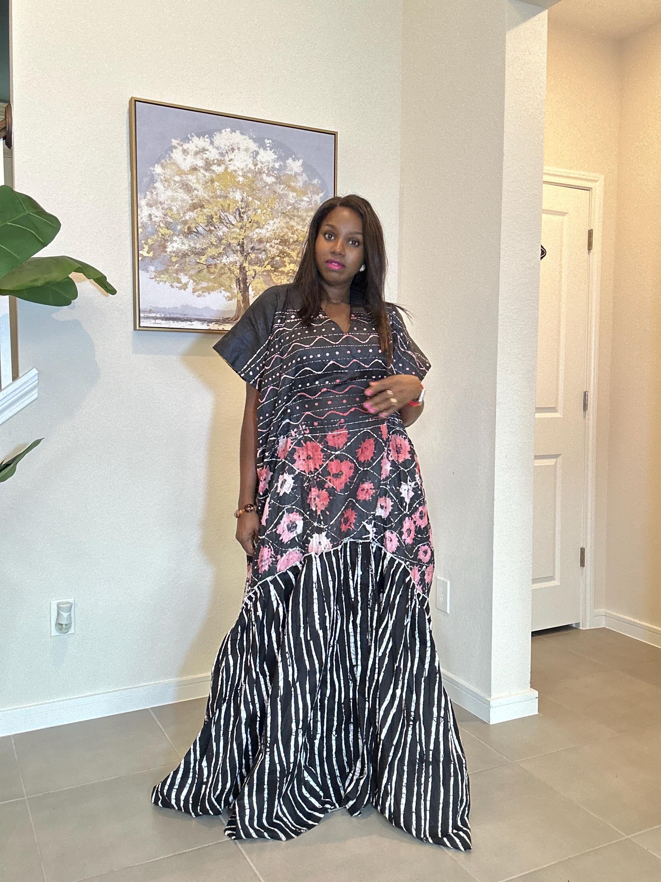 Handmade African Adire Maxi Dress: Floral & Striped Cotton Kaftan