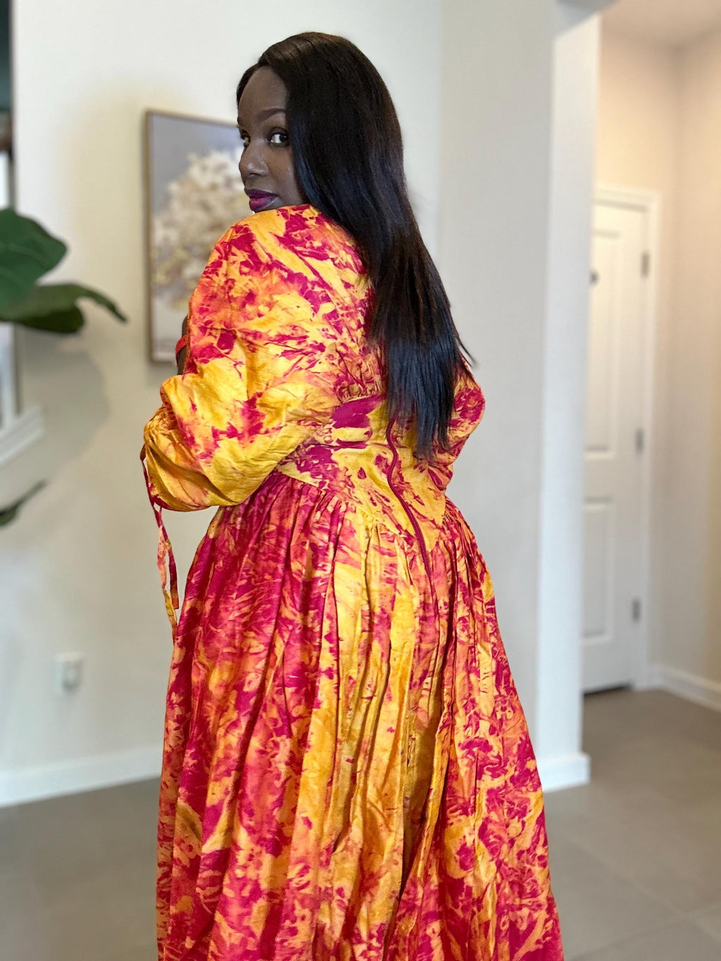 Handmade African Maxi Dress: Red & Yellow Tie-Dye Adire Gown