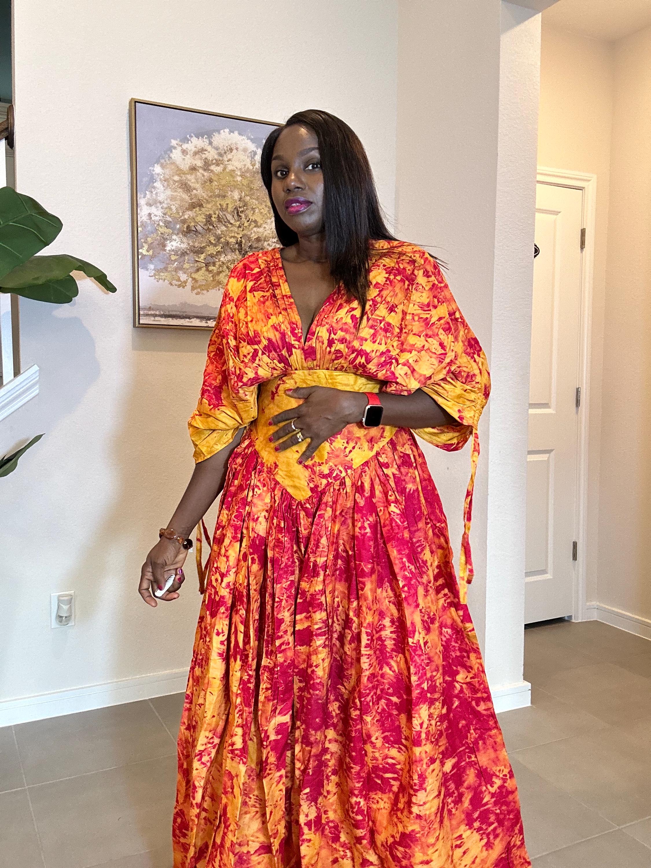 Handmade African Maxi Dress: Red & Yellow Tie-Dye Adire Gown
