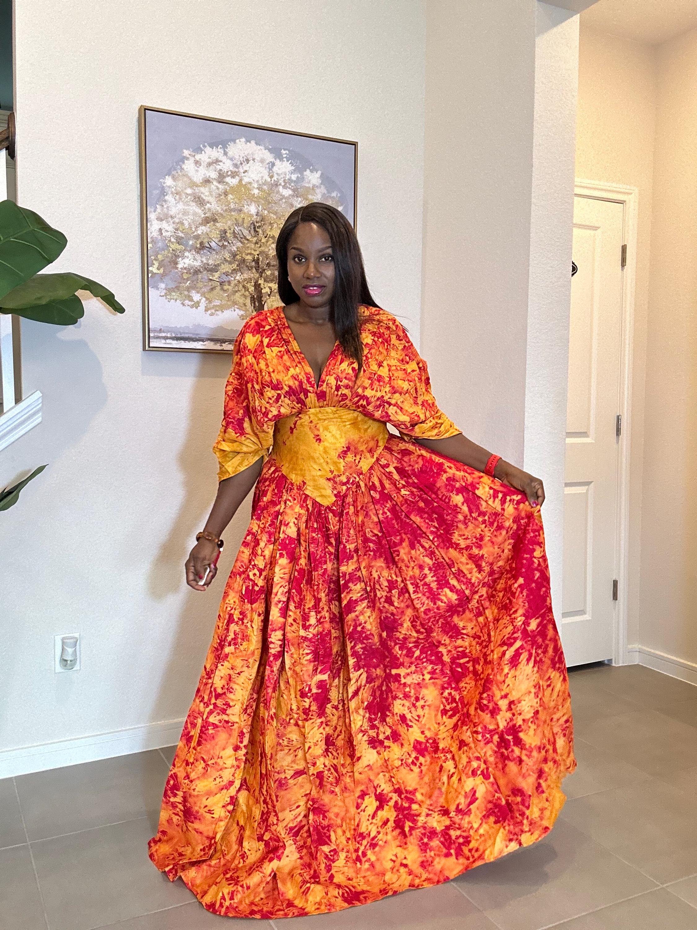 Handmade African Maxi Dress: Red & Yellow Tie-Dye Adire Gown