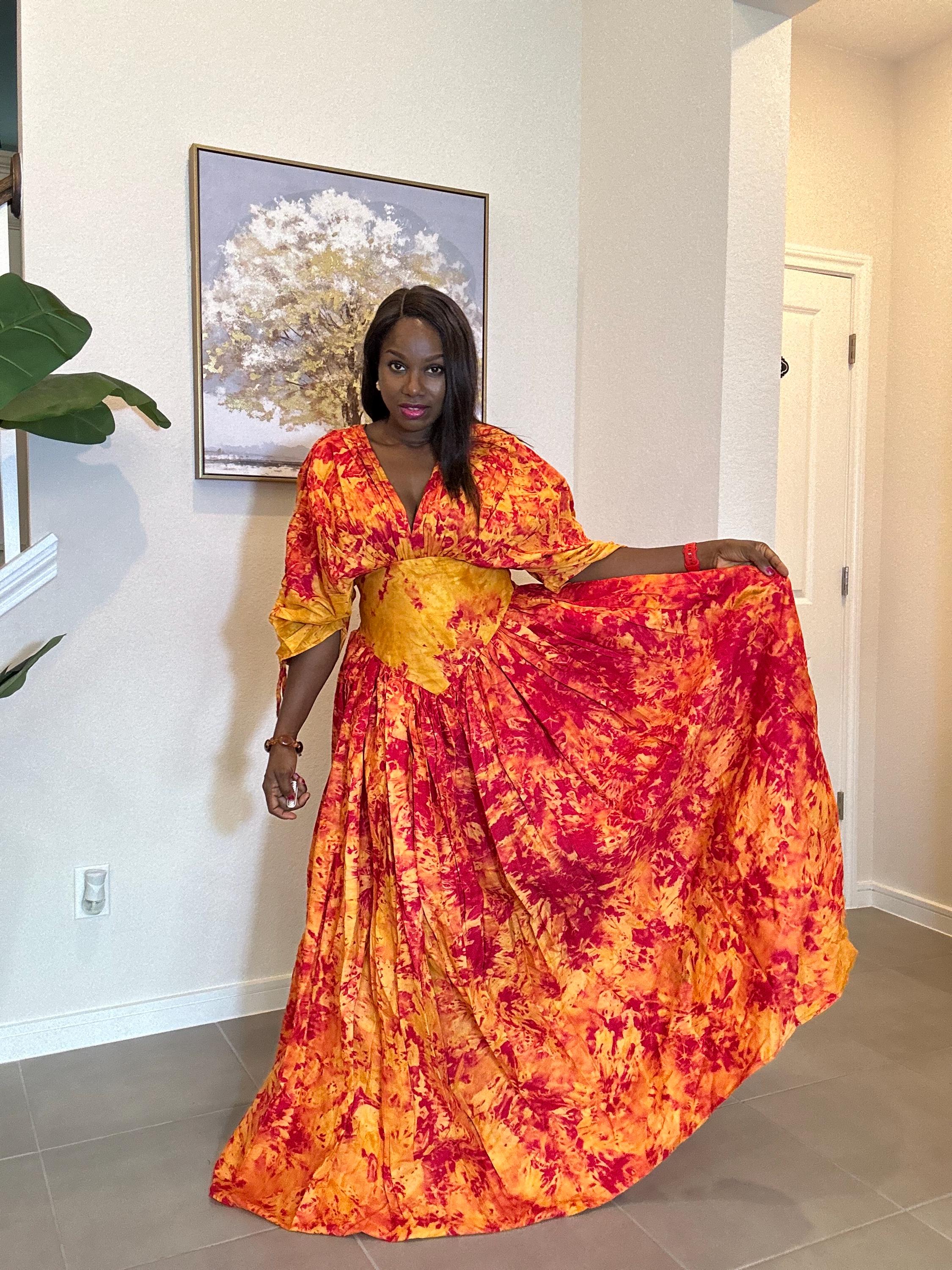Handmade African Maxi Dress: Red & Yellow Tie-Dye Adire Gown