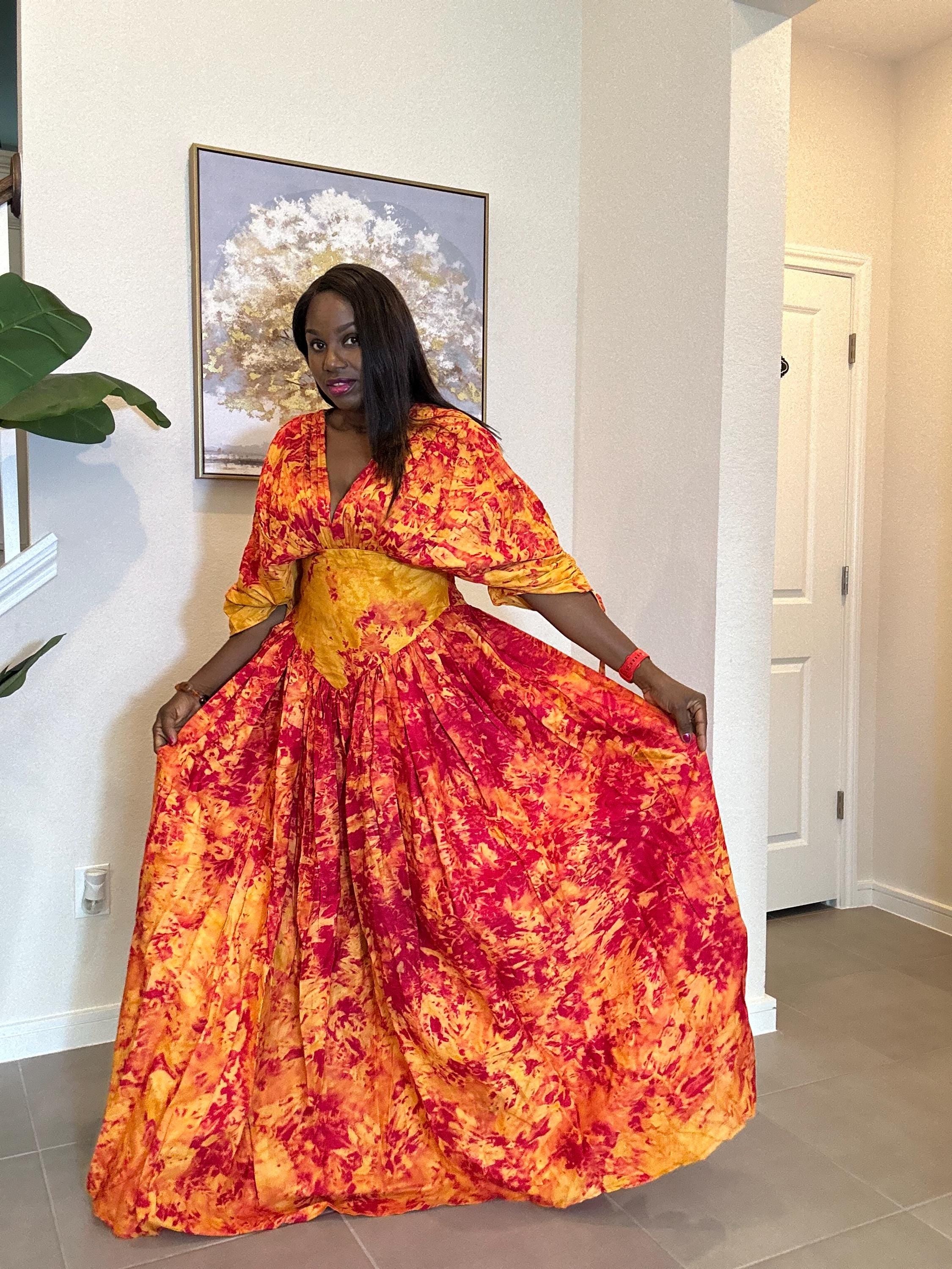 Handmade African Maxi Dress: Red & Yellow Tie-Dye Adire Gown